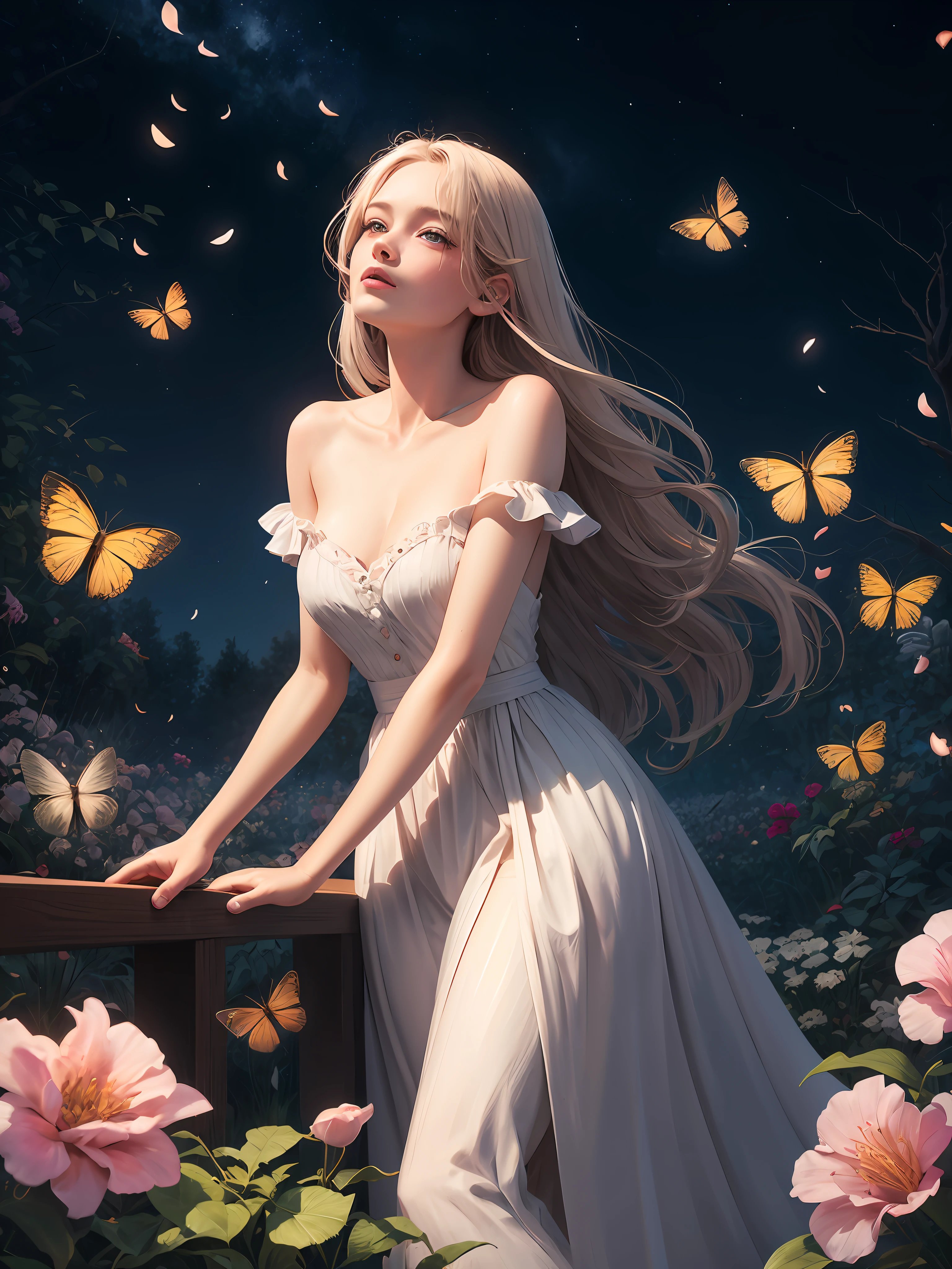 1girl, solo, full body, (masterpiece:1.21), (best quality:1.2), colorful, (illustration:1.2), (cinematic lighting:1.1), (bare shoulders:1.21), (collarbone:1.21) in this whimsical A beautiful and dreamlike garden, the scene is illuminated by a rainbow (colorful fireflies) dancing in the air. Pastel (drizzle) adorns the garden, creating a hazy and ethereal atmosphere. In the center of the picture, stands a single girl, an extremely beautiful girl, with lovely facial features and an innocent expression. Her long hair fluttered in the wind. She wore a low-cut strapless dress that accentuated her curves. The lighting is very delicate and beautiful, creating a soft warm glow that accentuates the water and makes it sparkle like a diamond. The finest grasses are also illuminated to create a lush carpet. The garden is surrounded by colorful flower fields with flowers of all colors and shapes. Various colors and sizes (coloured butterflies) can be seen flying around the scene, adding to the overall sense of wonder and magic. (Everyone, judges), a blush can be seen on the bridge of the nose, and the mouth is slightly opened, which adds to the overall sense of innocence and youth. Falling petals can be seen waving around her, adding to the overall sense of romance and beauty. The breeze is blowing, the leaves are rustling, and the flowers are swaying, adding to the overall dynamism and vitality. It is a scene of pure wonder and magic, full of color and beauty, where the viewer can lose themselves in this enchanting and captivating world.