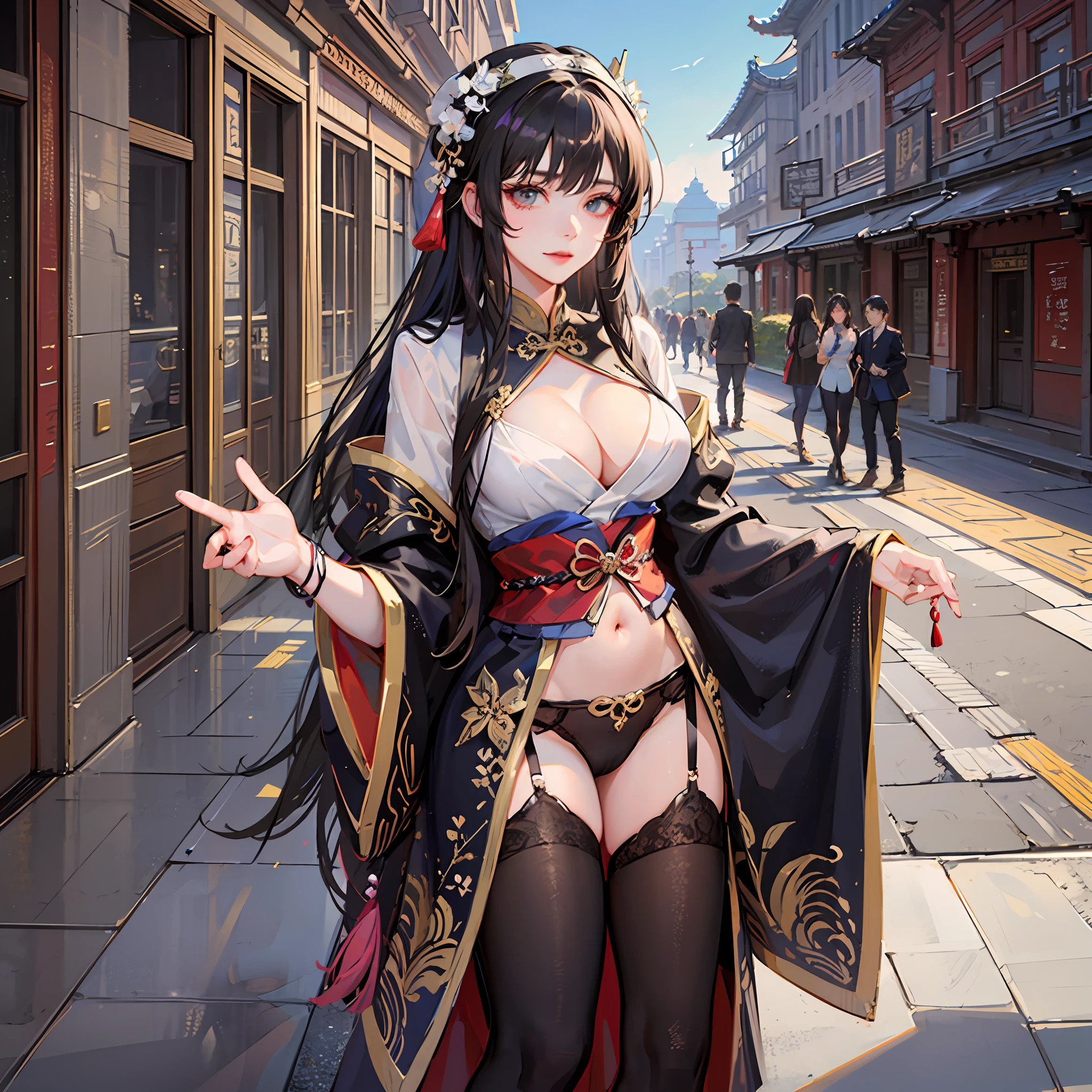 animemanga girl，traditional garb, Beautiful character painting, Palace ， A girl in Hanfu,，Chinese big breasts ，exteriors ，the street， Chinese style buildings ，Temple， Royal Palace，the forbidden city，Tyndall light masterpiece 8K mid-chest ，The clothes are translucent，leaky belly button，transparent panty