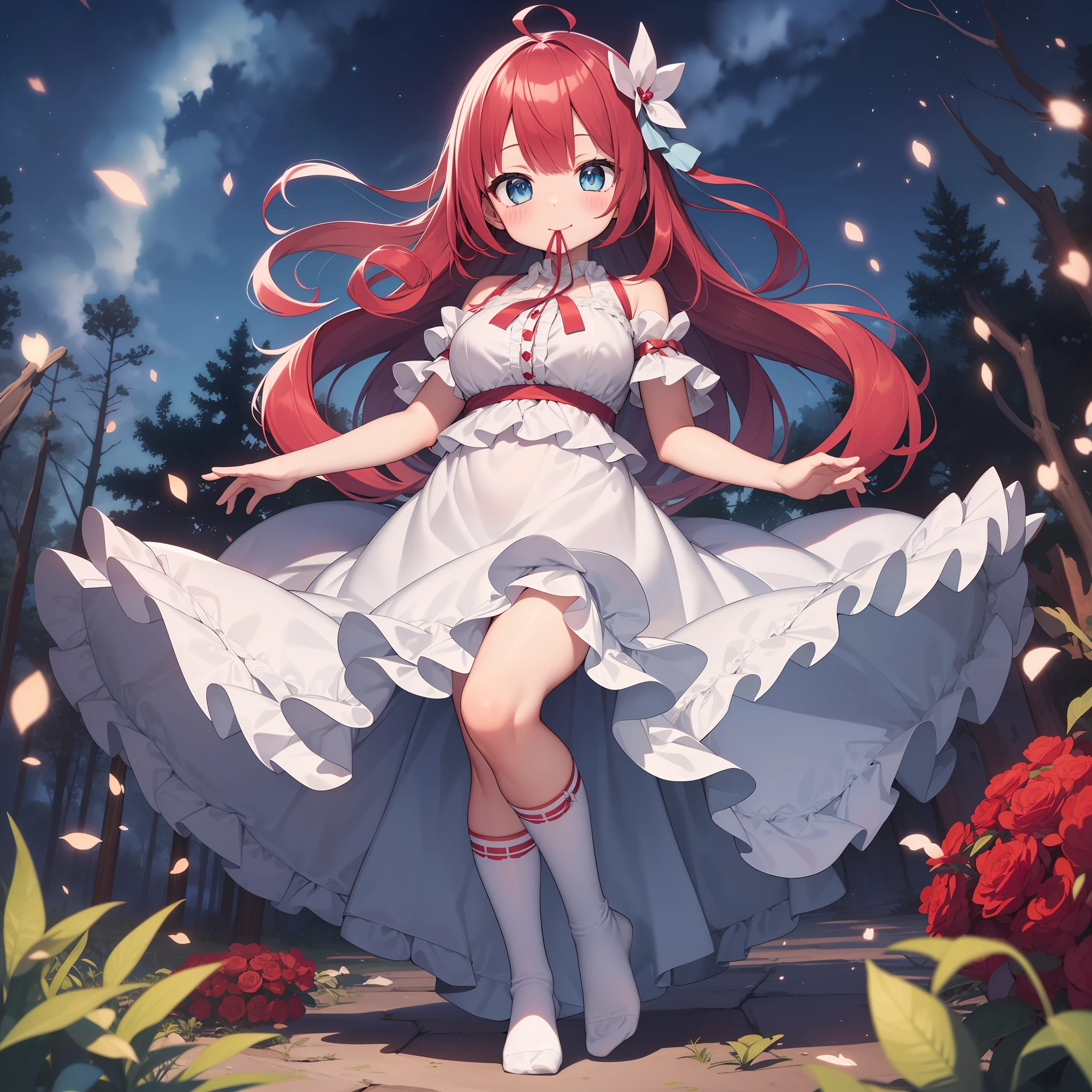((masutepiece)), (((Best Quality))), (High resolution:1.2),((ultra-detailliert)), ((Illustration)),(kawaii:1.2),((ddler body:1.1)),1girl in,((Solo)),(Frill Aqua Ribbon White Dress),Full body,Happy, Angelic smile,Ahoge,,coniferous forest,Starry sky,Hair Ornament, ((long ruby hair:1.5)),Large breasts,plump thighs、Light blue eyes、overknee socks、Mouth open