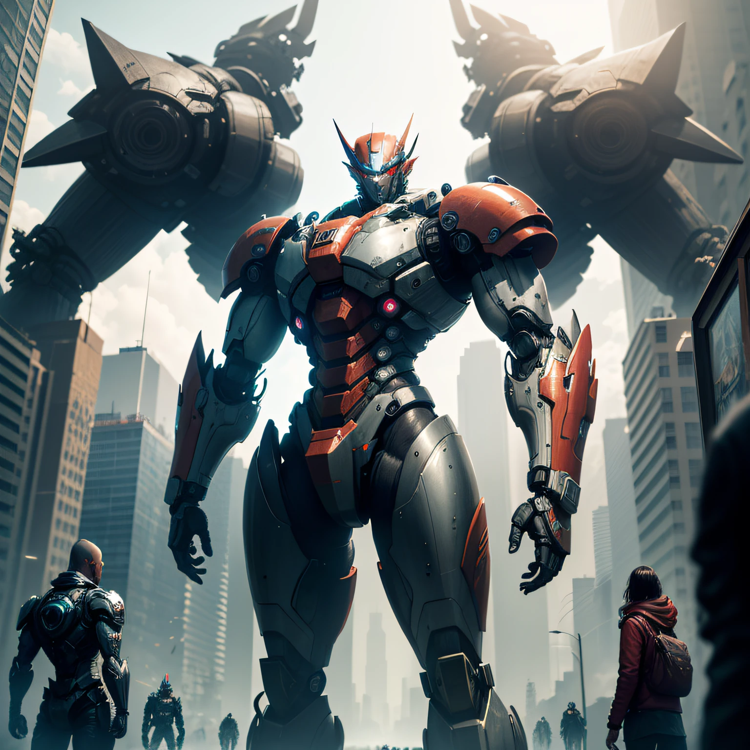 1 monster,1mecha,Pacific Rim,cyber punk perssonage,Sense of oppression,The city of the future,Fight monsters,,Masterpiece,hyper HD,16k,structurally correct --auto