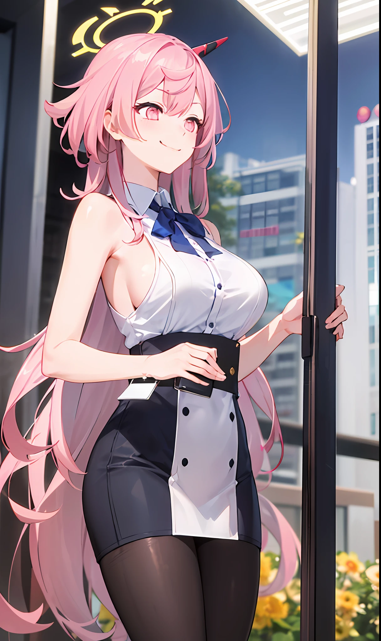 ((masterpiece, best quality)), (1girl),((mature female)), lightpink hair, halo, horn, ((office lady )),bangs,middle breast,(busty),slim,smile, [wide hips],office,standing, aru \(blue archive\),