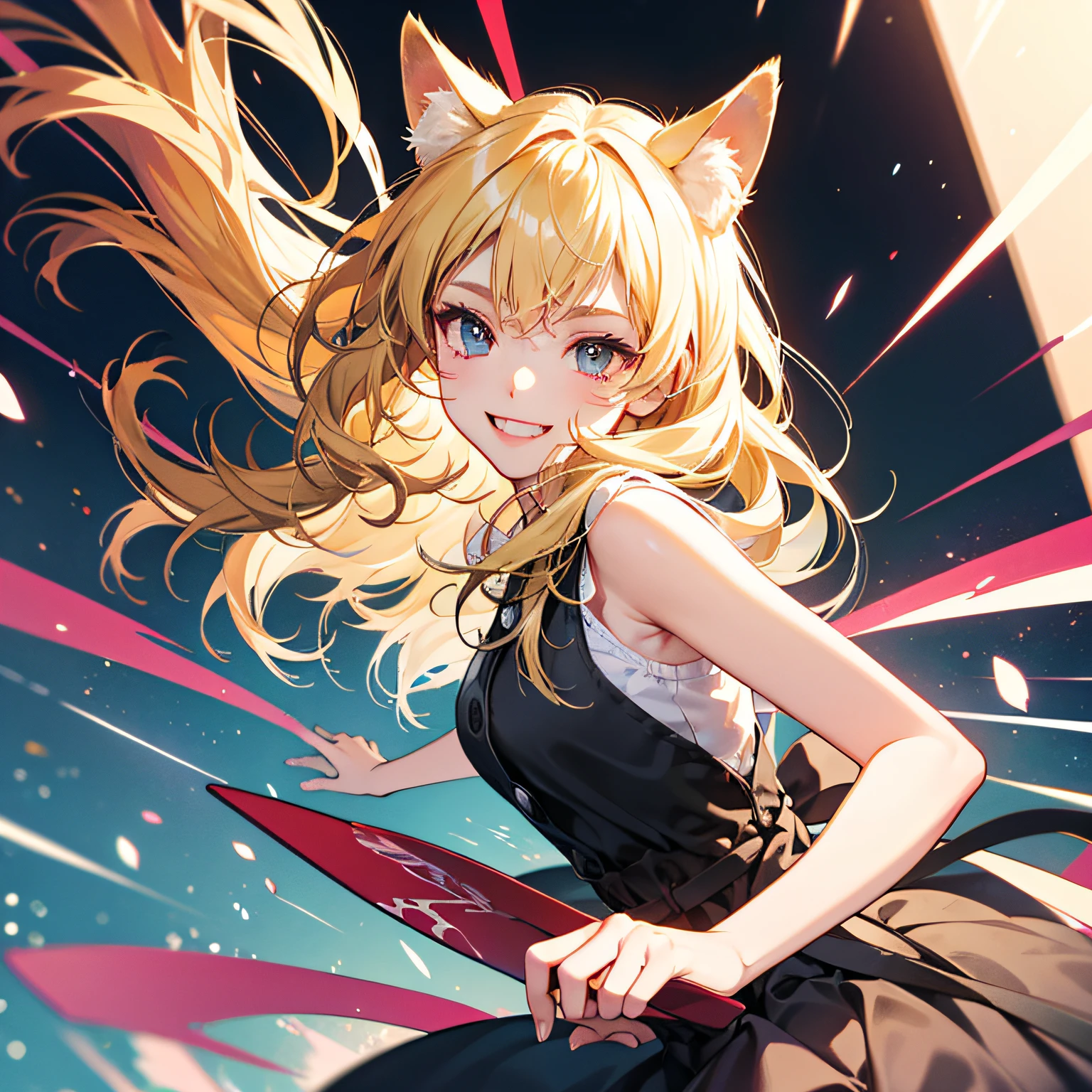 blonde hair, eyeball, kemonomimi mode, smile, Contemporary art, motion lines, high details --auto