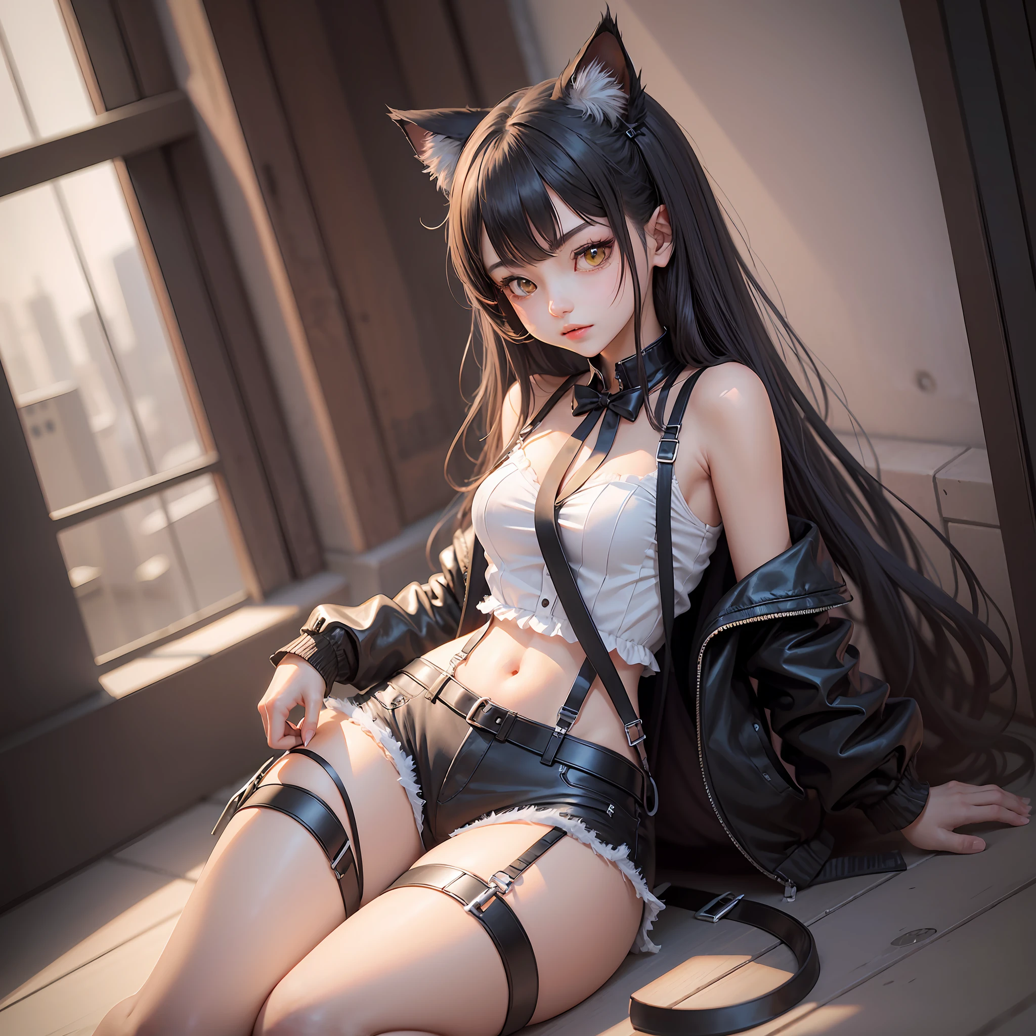 multicolored hair, hair behind ear, crossed bangs, hair over shoulder, wavy hair, asymmetrical bangs, sunglasses, mole under eye, raised eyebrows, dilated pupils, one eye closed, glowing eyes, cat ears, smile, anime, stereogram, UHD, masterpiece, masterpiece, textured skin, super detail, highres --auto