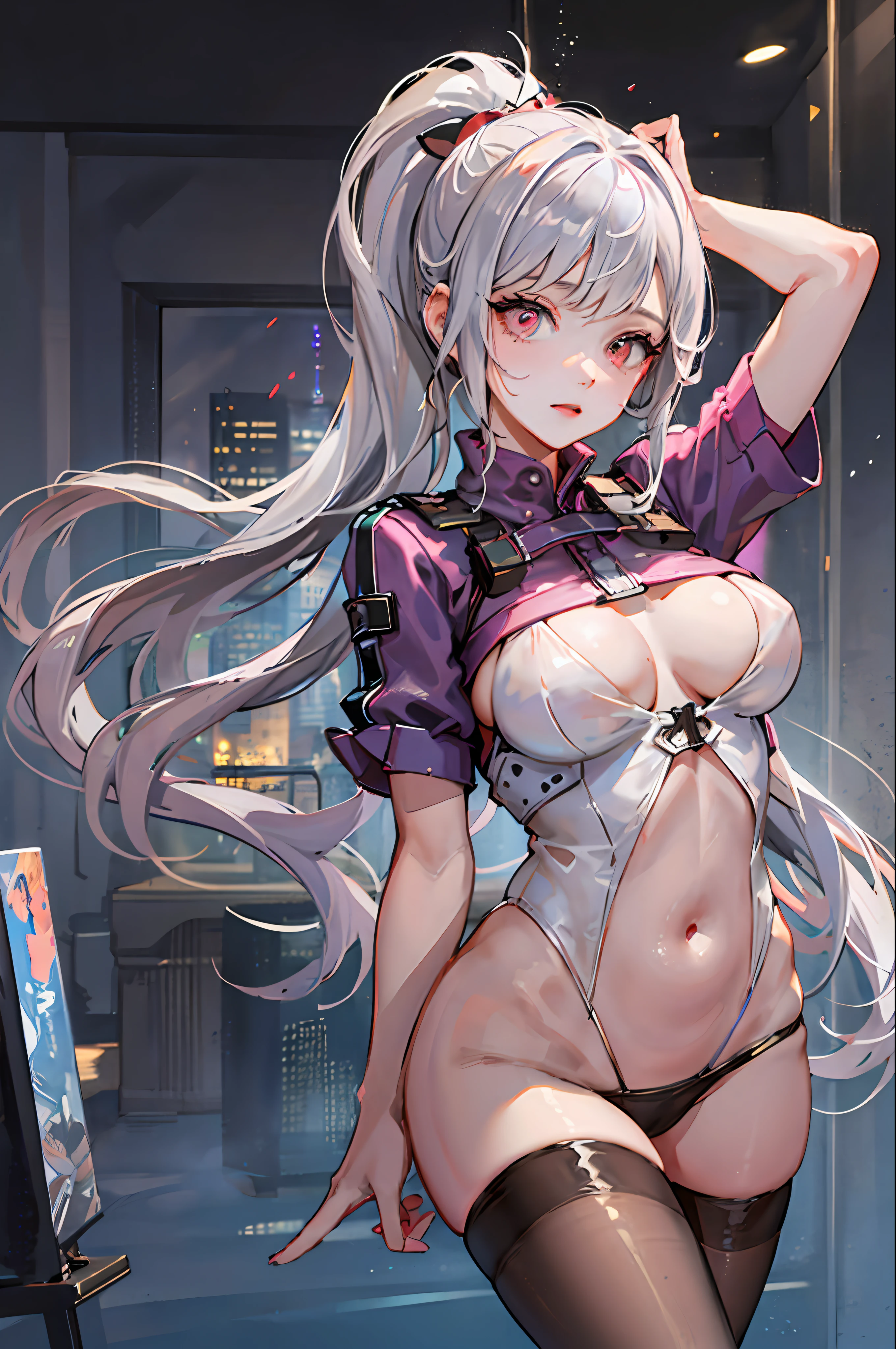 1个Giant Breast Girl！Ray traching，best shadow，A high resolution（dim murky lights）detailedbackground（liveroom）Fluffy silver hair，plump and slender girl，With a high ponytail, avoid golden eyes in the ominous living room（Girl wears a transparent shirt，transparent panty，Wear yours with white sheer pantyhose），It shows a delicate and slender figure and beautiful curves，Limbs with correct and reasonable position！hand behind head，Stand dignified，detail in face！Delicate facial features，Pay attention to the details of the position of the legs！Pay attention to hand details！high high quality！More eligible！Reduce errors！Painting is more elaborate，Ultra-detailed CG，The picture is more reasonable！Pay attention to finger details！8k wallpaper，tmasterpiece，Double pupil details！Reduce binocular differences！Limit the number of fingers！