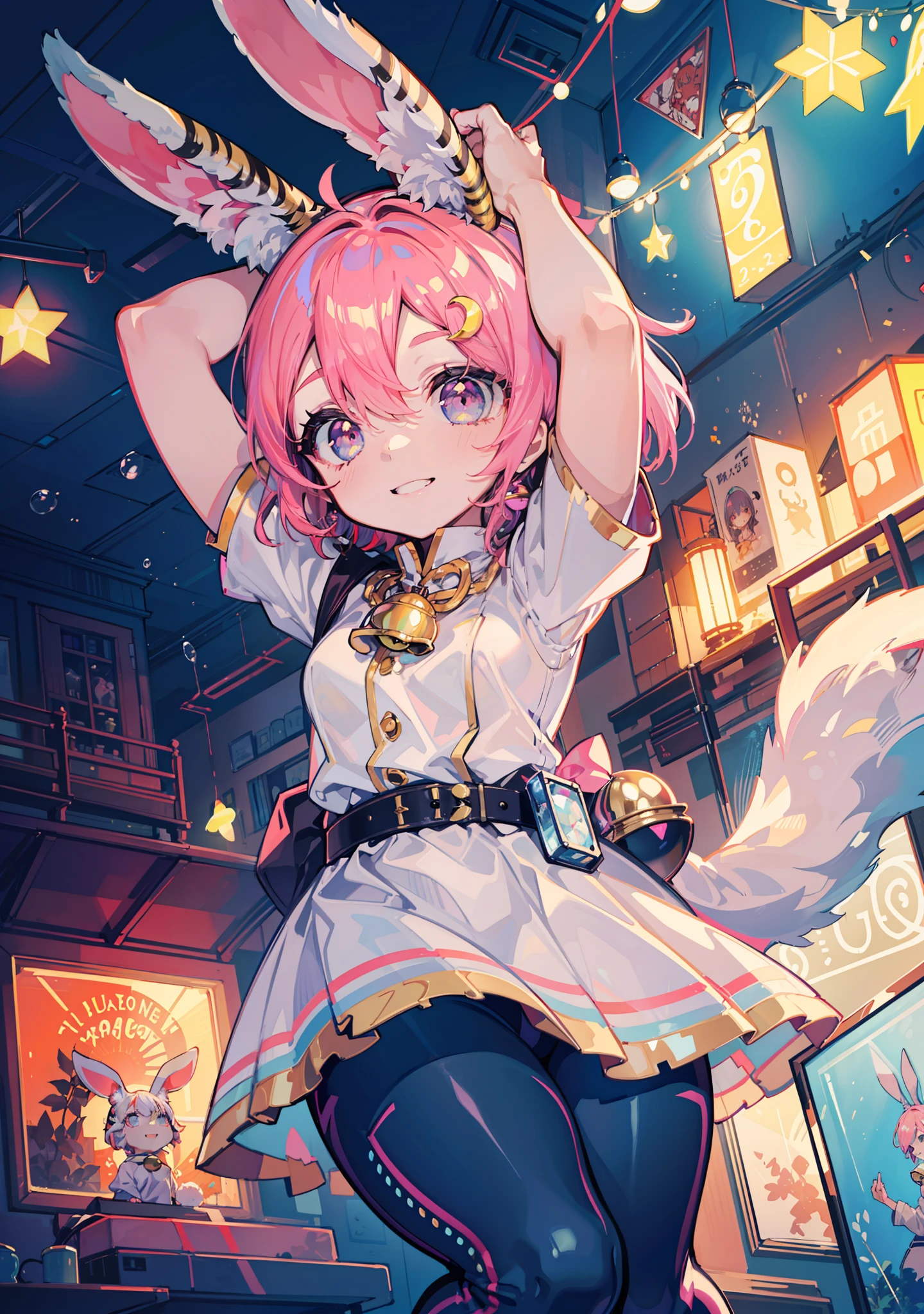Two-dimensional beauty，Beautiful face，Cute look，the golden ratio，Natural smile，adorable smile，Naturally long hair，smallunderboob，small-sized buttocks，，Full body golden ratio，The golden ratio of figure，Two-dimensional wind，Estilo de Makoto Shinkai，With rabbit ear decoration，Pink rabbit ears，Wear white clothes，Long jacket，Red trousers，forest backgrou，Warm background，warm current，Gentle light，style of anime，Crescent hair ornaments，There are precious stones on the forehead，A bell is tied in his hair，Close one eye，Pupil dilation，The left and right eye colors are different，The pink hair shows the reflection of tiger teeth，Divine sense top light，fluorescence，style of anime，romanticism lain，hyper HD，A high resolution，tmasterpiece，high detal，high qulity