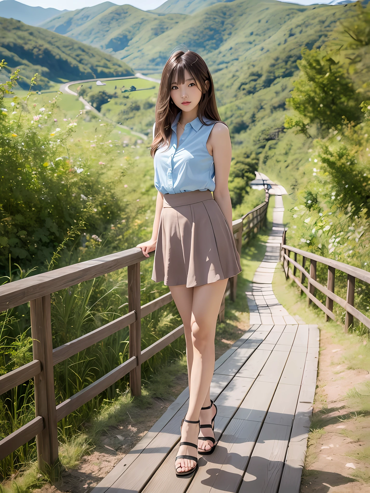 mastepiece, 1 girl per 1 photo, full body shot, direct front view, a Japanese young pretty girl, standing on an old wooden bridge over the valley surrounded by mountains of a countryside of Japan, glamorous figure, wearing a sleeveless light blue blouse with collared, wearing a light brown short culottes skirt, naked feet with low heels sandals, a summer sunshine, staring at a view, hyper cute face, glossy lips, double eyelids for both eyes, natural makeup, shiny smooth light brown hair of long bob hair, asymmetrical bangs, tanned skin, central image, 8K resolution, high detail, detailed hairstyle, detailed face, cinematic lighting, octane rendering, hyper realistic, perfect limbs, perfect anatomy