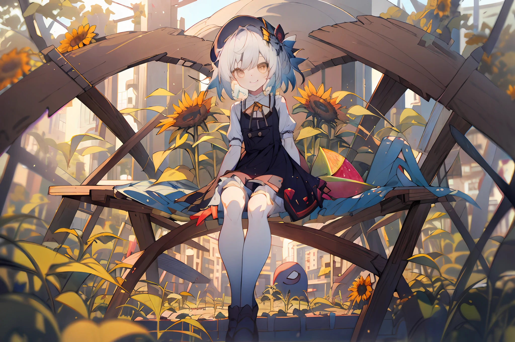 Anime girl sitting on a bench with sunflowers in the garden, Guviz, Guweiz in Pixiv ArtStation, Guweiz on ArtStation Pixiv, Guviz-style artwork, ****, style of anime4 K, trending on artstation pixiv, small **** girl, Anime art wallpaper 4k, Anime art wallpaper 4 K，Melon seed face