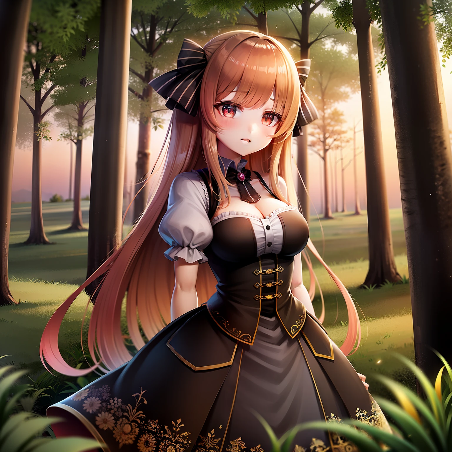 Beautiful maiden in the forest， the sunset， Dark theme， 4K， Ultra high quality， Hyper-detailing， romanticism lain