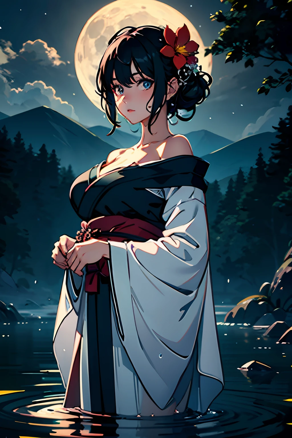 1girl, breasts, moon, lantern, night, solo, large breasts, hair ornament, wet, kimono, japanese clothes, wading, water, hair flower, flower, outdoors, sky, full moon, rain, black hair, off shoulder, mountain, cloud, holding, sash, bare shoulders, paper lantern, standing, white kimono, night sky, sideboob, obi, wet clothes, bangs, tree, from side, reflection, short hair, cloudy sky, wet hair (((masterpiece),(extremely detailed CG unity 8k wallpaper),best quality,,solo,1girl,cinematic lighting,detailed background,beautiful detailed eyes,bright pupils, (an extremely delicate and beautiful),(Beautiful and detailed eye description), ultra-detailed,masterpiece,)),