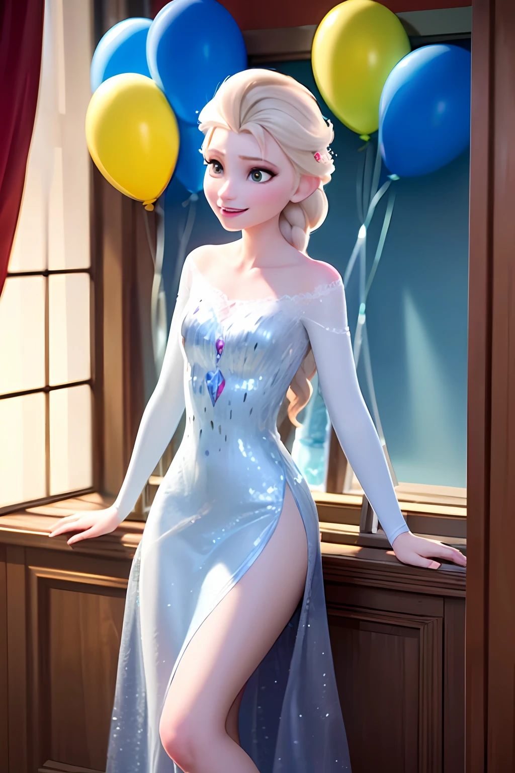 (obra maestra:1.4), (mejor calidad:1.4), (High resolution:1.4), Elsa de Arendelle, They are smiling, Vestido de Ice Queen, dormitorio, mirando al espectador, 1 girl solamente, Enfoque en solitario, Elsa with birthday balloons