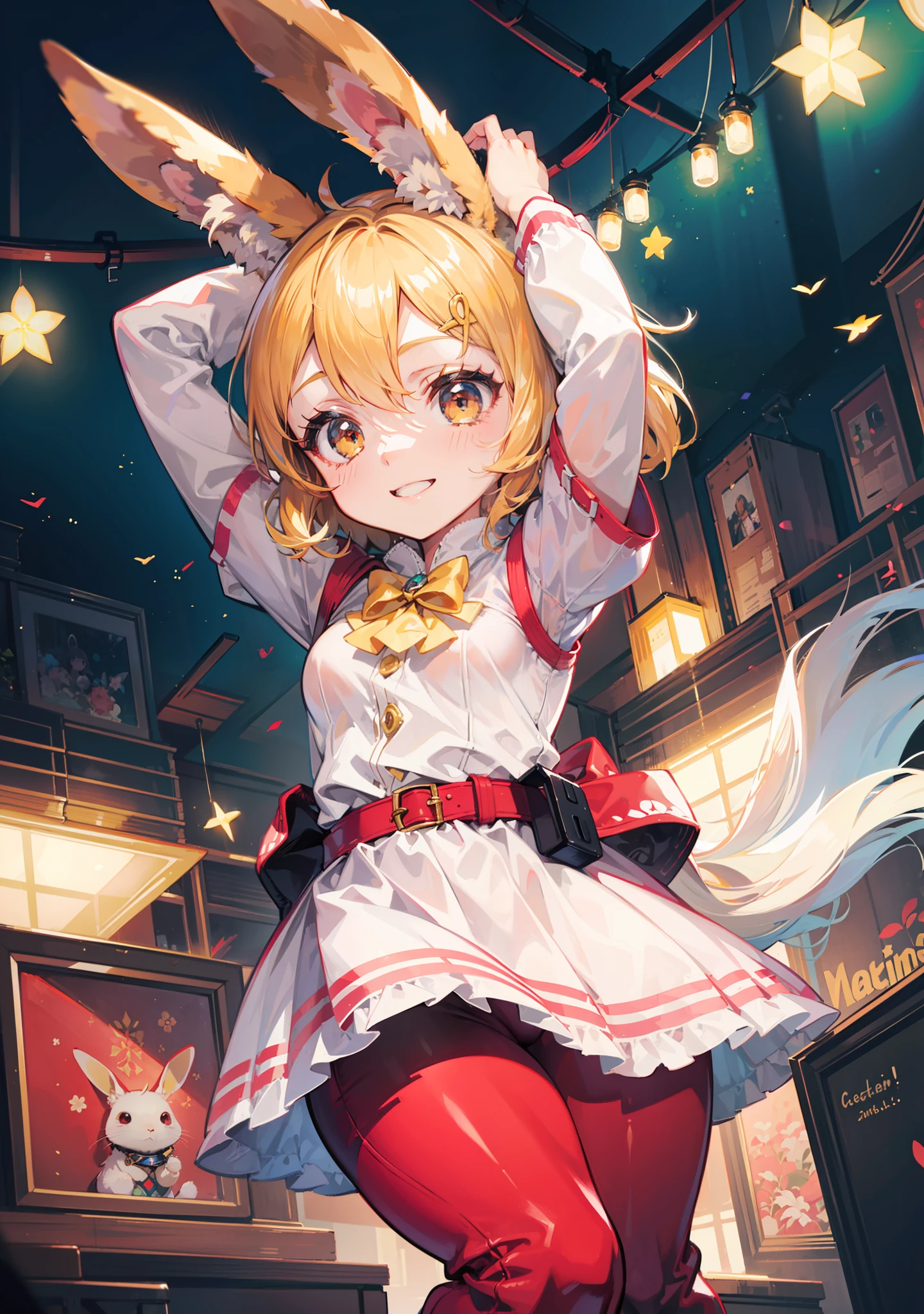 Two-dimensional beauty,Beautiful face,Cute look,the golden ratio,Natural smile,adorable smile,Naturally long hair,smallunderboob,small-sized buttocks,,Full body golden ratio,The golden ratio of figure,Two-dimensional wind,Estilo de Makoto Shinkai,With rabbit ear decoration,Pink rabbit ears,Wear white clothes,Long jacket,Red trousers,forest backgrou,Warm background,warm current,Gentle light