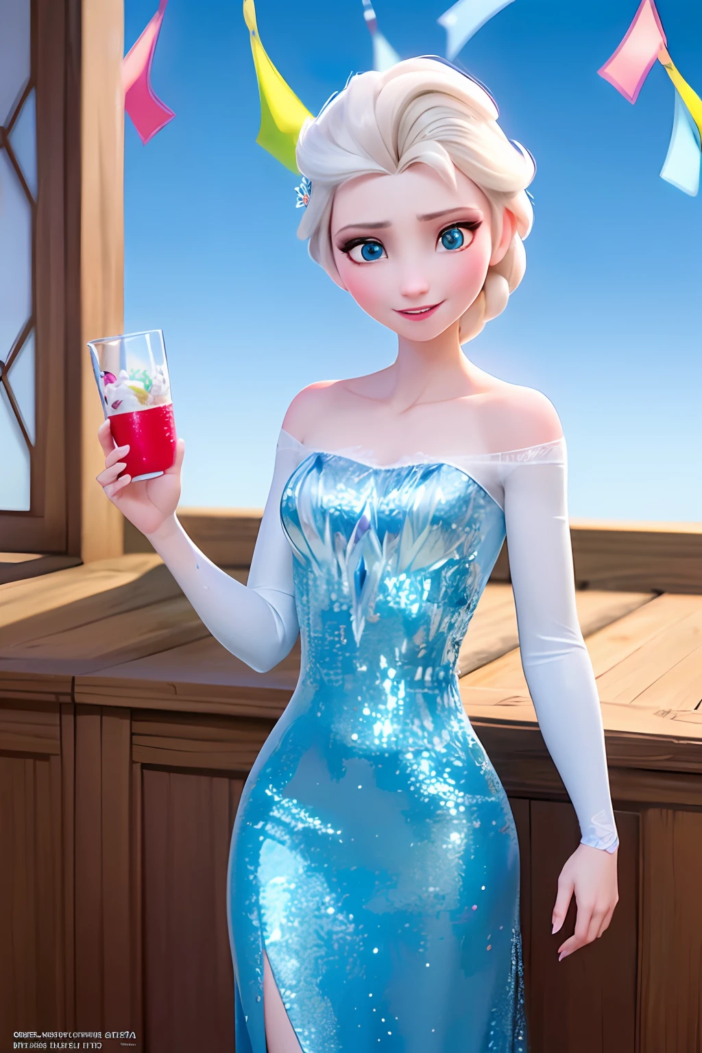 (obra maestra:1.4), (mejor calidad:1.4), (High resolution:1.4), Elsa de Arendelle, They are smiling, Vestido de Ice Queen, dormitorio, mirando al espectador, 1 girl solamente, Enfoque en solitario, Elsa with birthday balloons