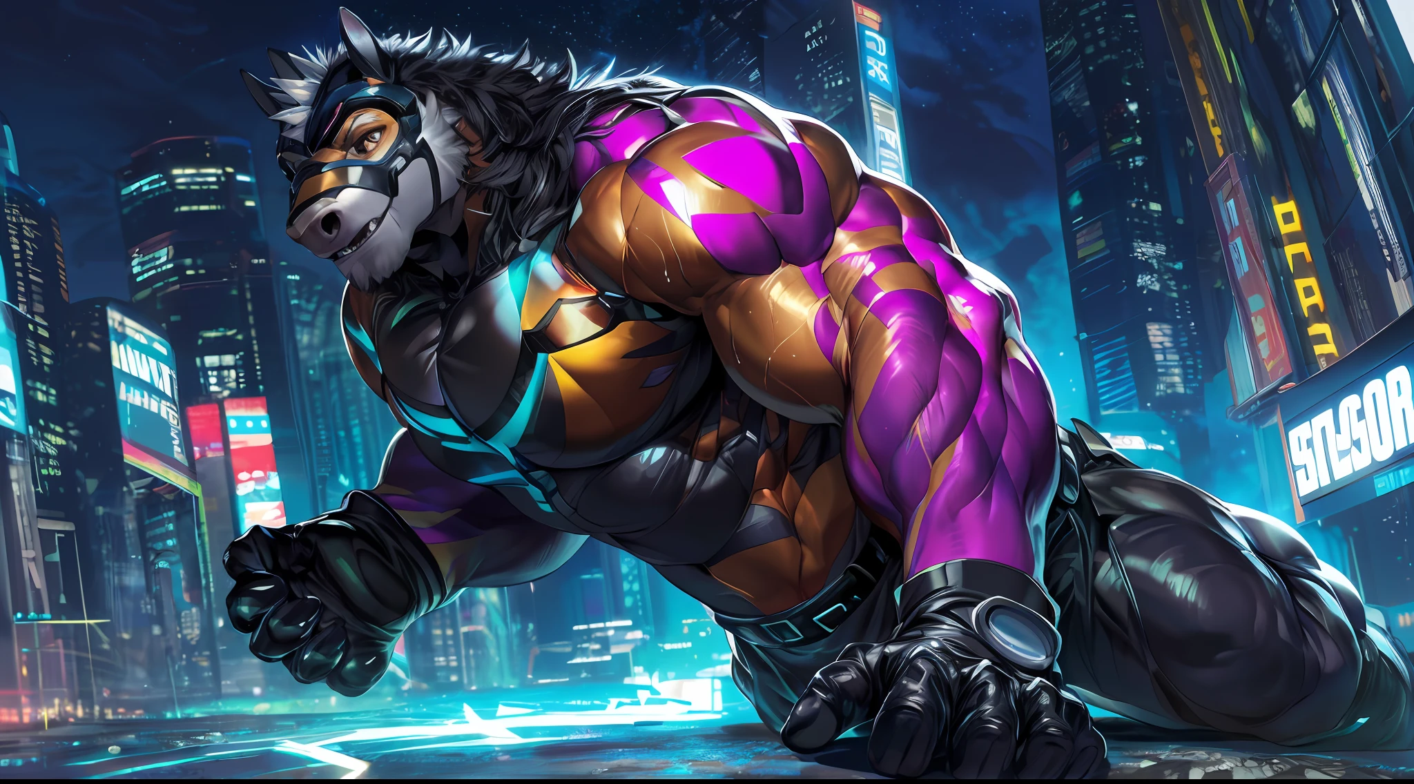 2d, masterpiece, best quality, 4k, 8k, ultra highres, raw photo in hdr, sharp focus, photo realism ,real life like, in a night city, detailed background, solo, (gloves, mask, skin tight), big pink, sweat, (by null-ghost, by thebigslick, by darkgem, by honovy), Horse anthro, male focus, perfect golden eyes, full body, sfw