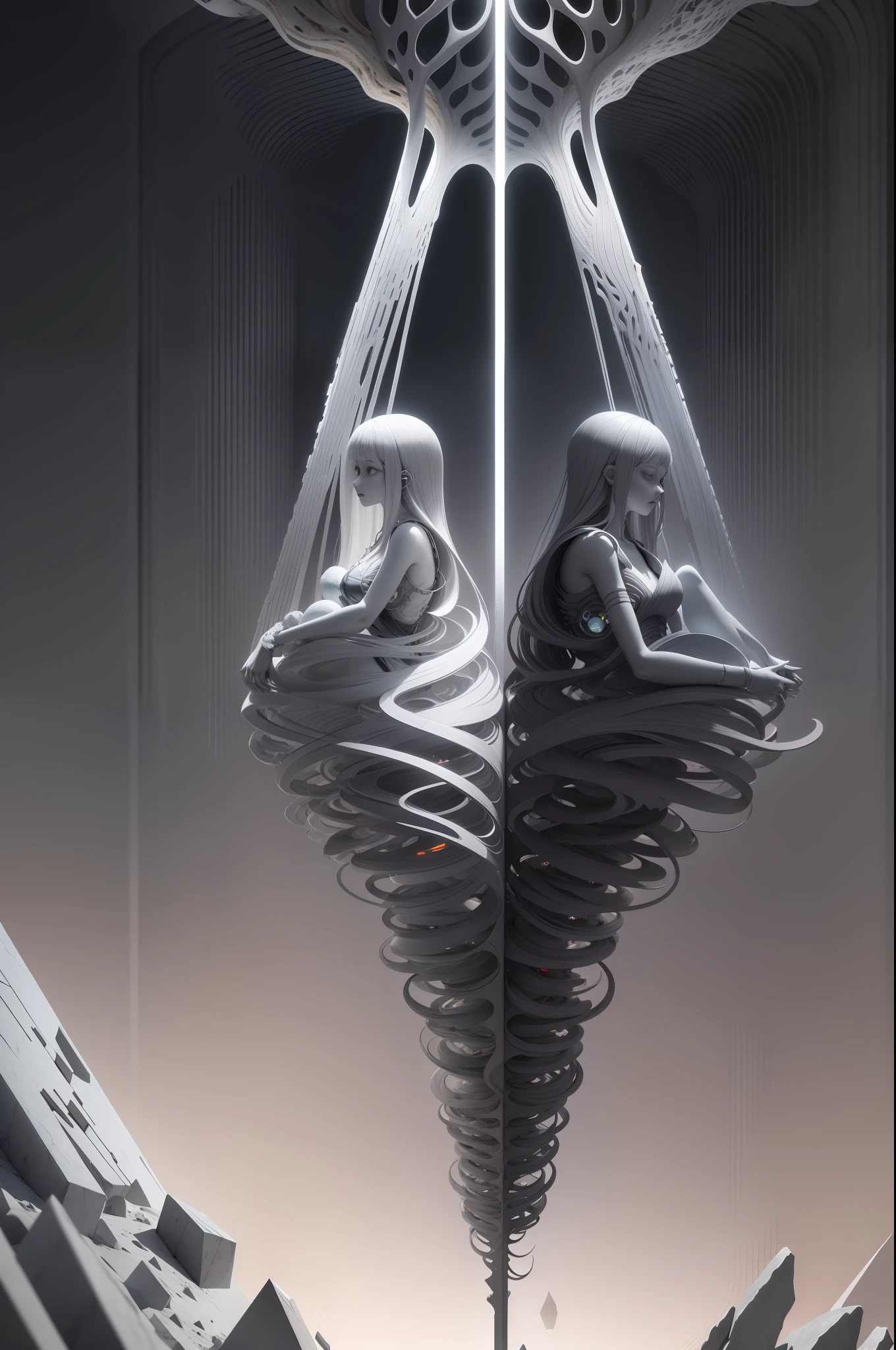 visual spectral radio wave signals emission fused with organic form structure, subsonic spectrum, gray clay cluster, Fibonacci fractal, geometric design, [m : immersed and stuck between strangled strata incisions very cute girl body statue closeup, extreme long floating straight hair with bangs:0.33], marble purgatory, wuthering atmosphere, aesthetic redshift render