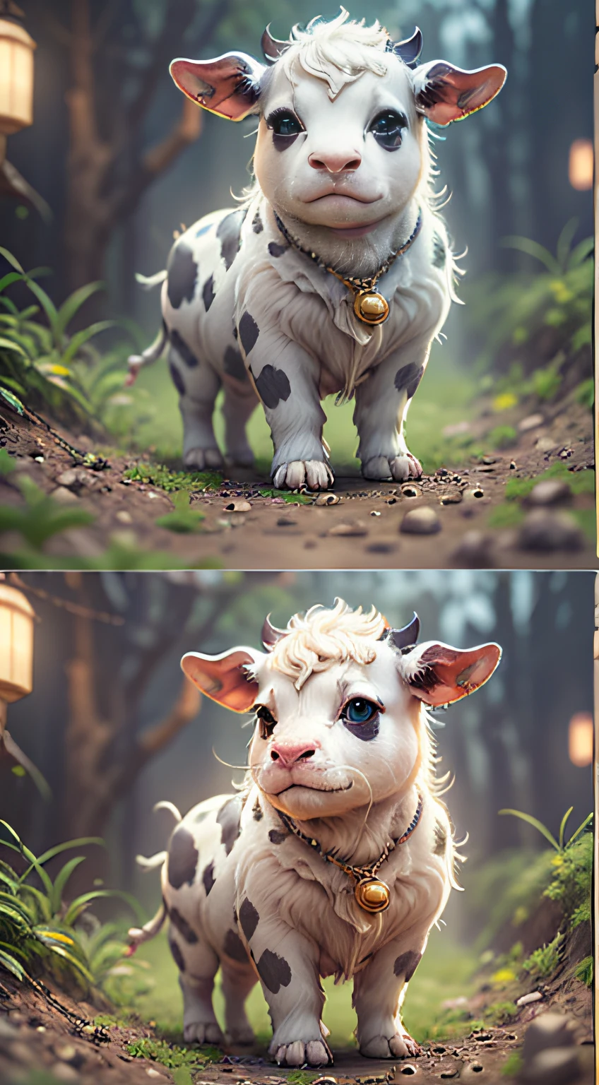 Gorgeous little surreal little white cow with realistic eyes and bright care necklace in different colors, tchibi, Cute cute, Logo design, Cartoony, movie light effect, big breasts enchanting, 3D vector art, Cute and quirky, Fantasyart, Bokeh, handpainted, digitial painting, gentlesoftlighting, Isometric style, 4K 分辨率, photoreal render, highly detailed cleaning, Vector image, Photorealistic masterpiece, professional photoshooting, Simple space landscape,isometry,vibrant vector