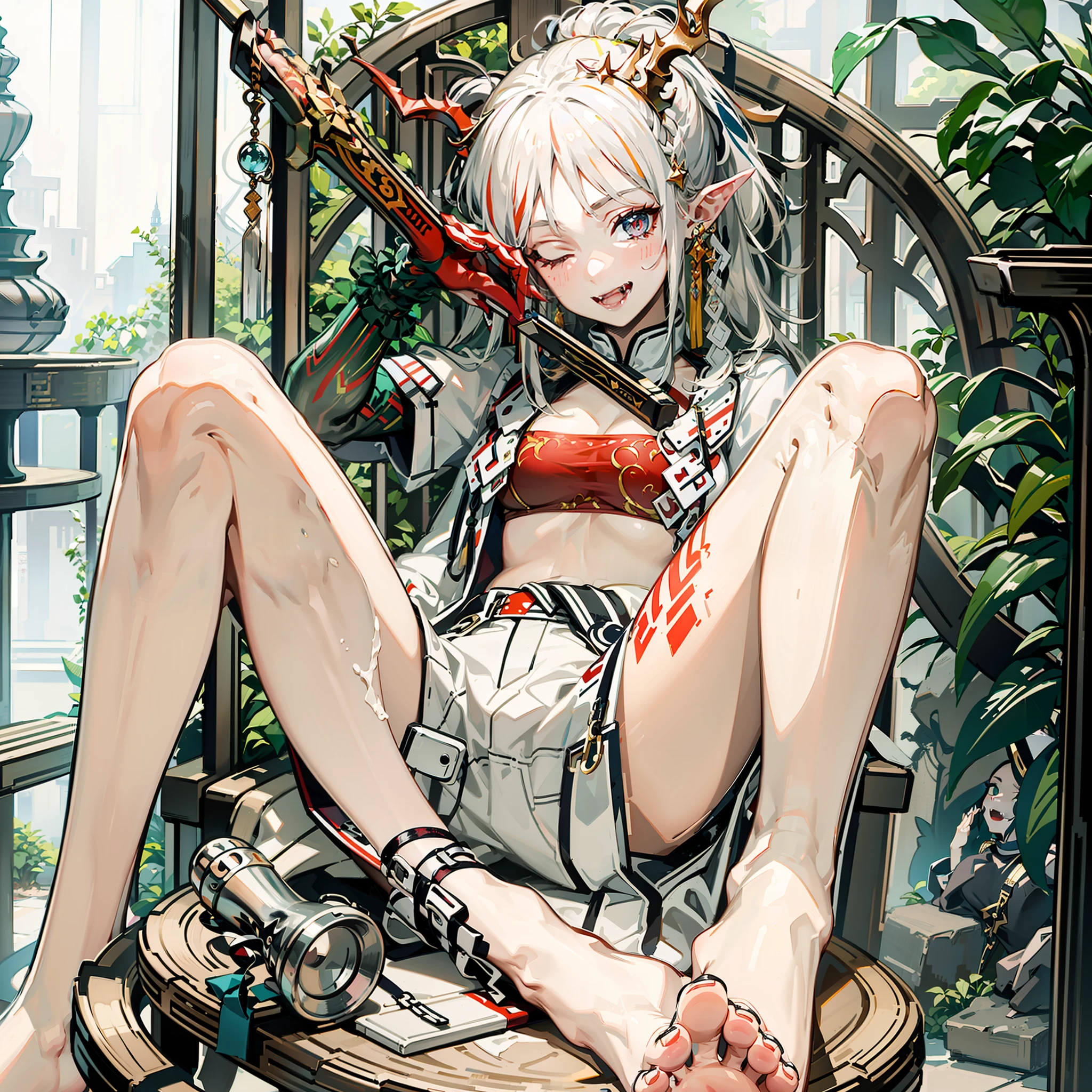 7 year old girl ponytail transparent clothing sole plate soft foot soft body barefoot bondage face bad smile lips white liquid exposed 70%skin, poison fangs, Positive direction, Star eyes, Long legs, Beautiful legs, Jade feet Large disproportionate breasts