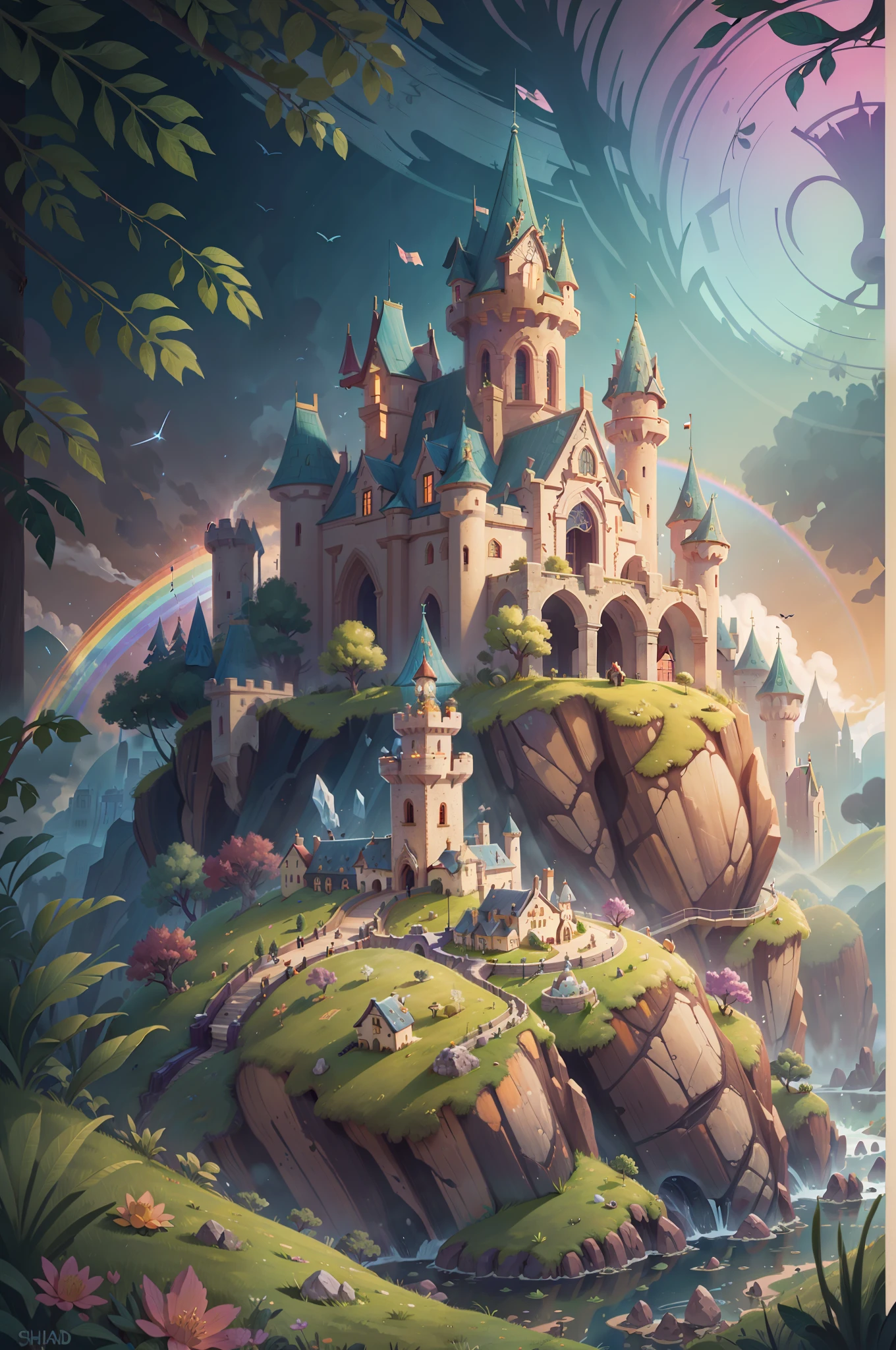 an enchanted castle made of gems on top of a hill, vivid color, rainbow in the sky, masterpiece, best quality, film grain, high resolution, realistic light, hd, highres, 16k, UHD, UHD background, ultra sharp backgrounds, detailed backgrounds, realistic backgrounds, realistic shadows, long shot