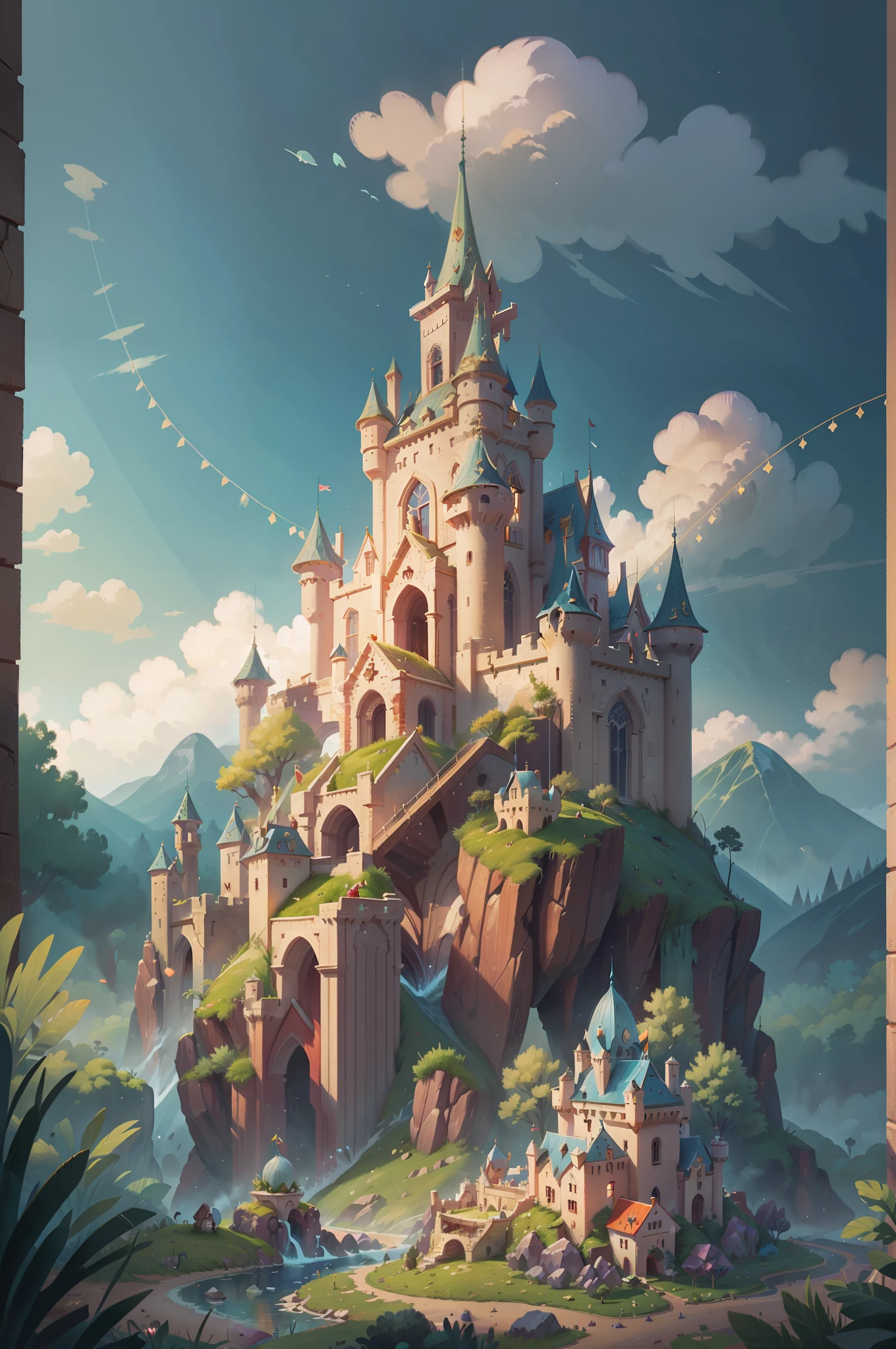 an enchanted castle made of gems on top of a hill, vivid color, rainbow in the sky, masterpiece, best quality, film grain, high resolution, realistic light, hd, highres, 16k, UHD, UHD background, ultra sharp backgrounds, detailed backgrounds, realistic backgrounds, realistic shadows, long shot
