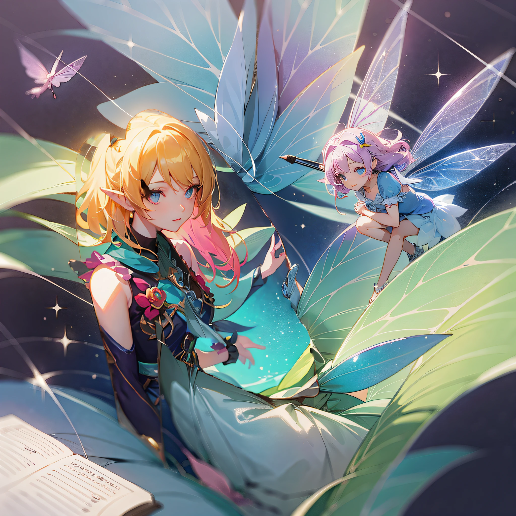 Anime - Style illustration of a woman in a fairy costume and fairy dolls, Guviz-style artwork, loish and ross tran, inspired by Ross Tran, Anime fantasy illustration, In the style of Ross Tran, astral fairy, Digital art on Pixiv, Fantasy art style, space flower fairy, Ross Tran style