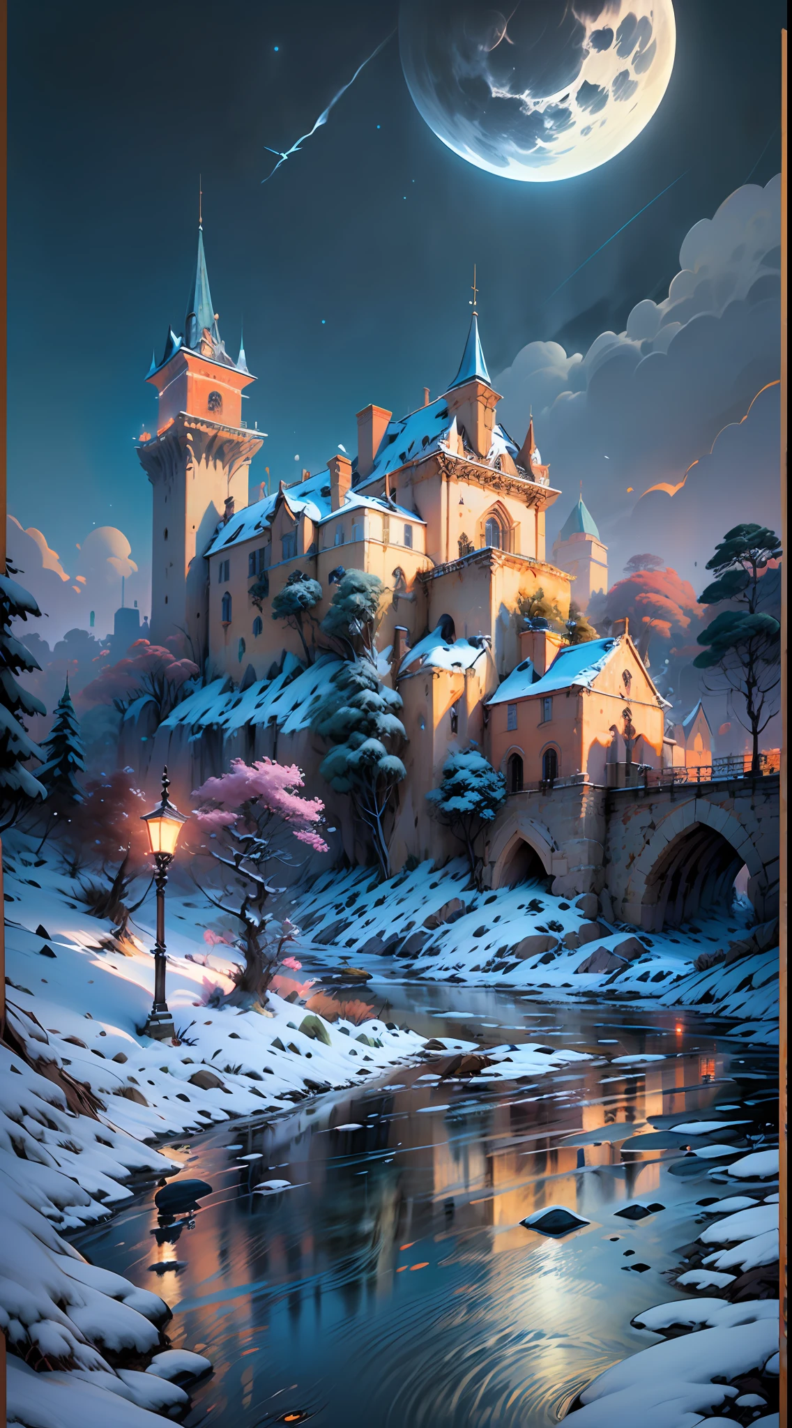 (magical place: 1.2, vibrant colors: 1.1, bridge, city on the horizon, 8k) medieval castle, in winter sky with ralampagos