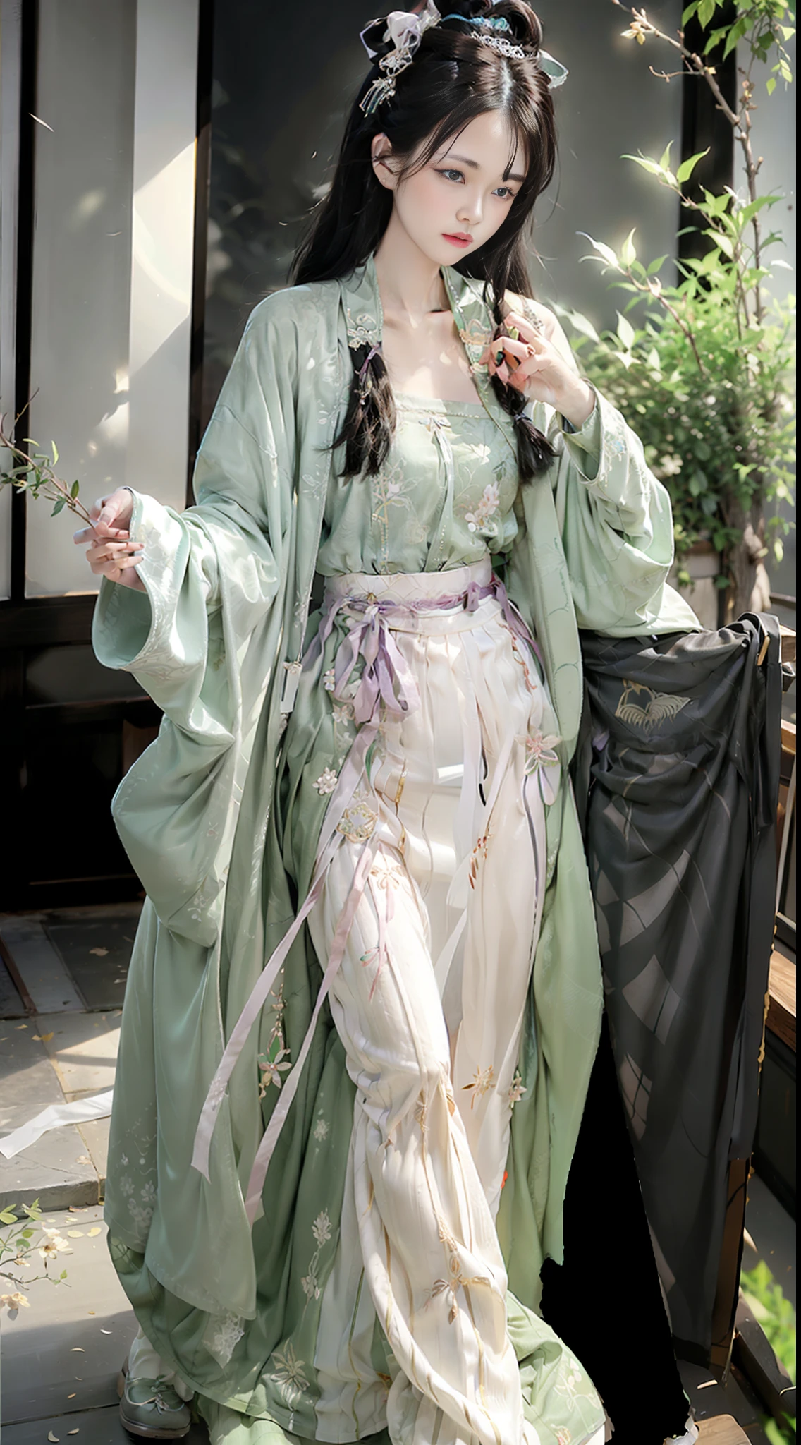 Woman - Wearing an emerald green dress - Light steps - Flowing skirt - Long hair like a waterfall - Purple ribbon around the waist - Feminine and moving - Pure girl - Focus on reading Scroll - Qin Qi - Song style clothing - Song Dynasty literati Xiangmendi - Elegant atmosphere，Jade foot，Pure，Simple clothing，naive