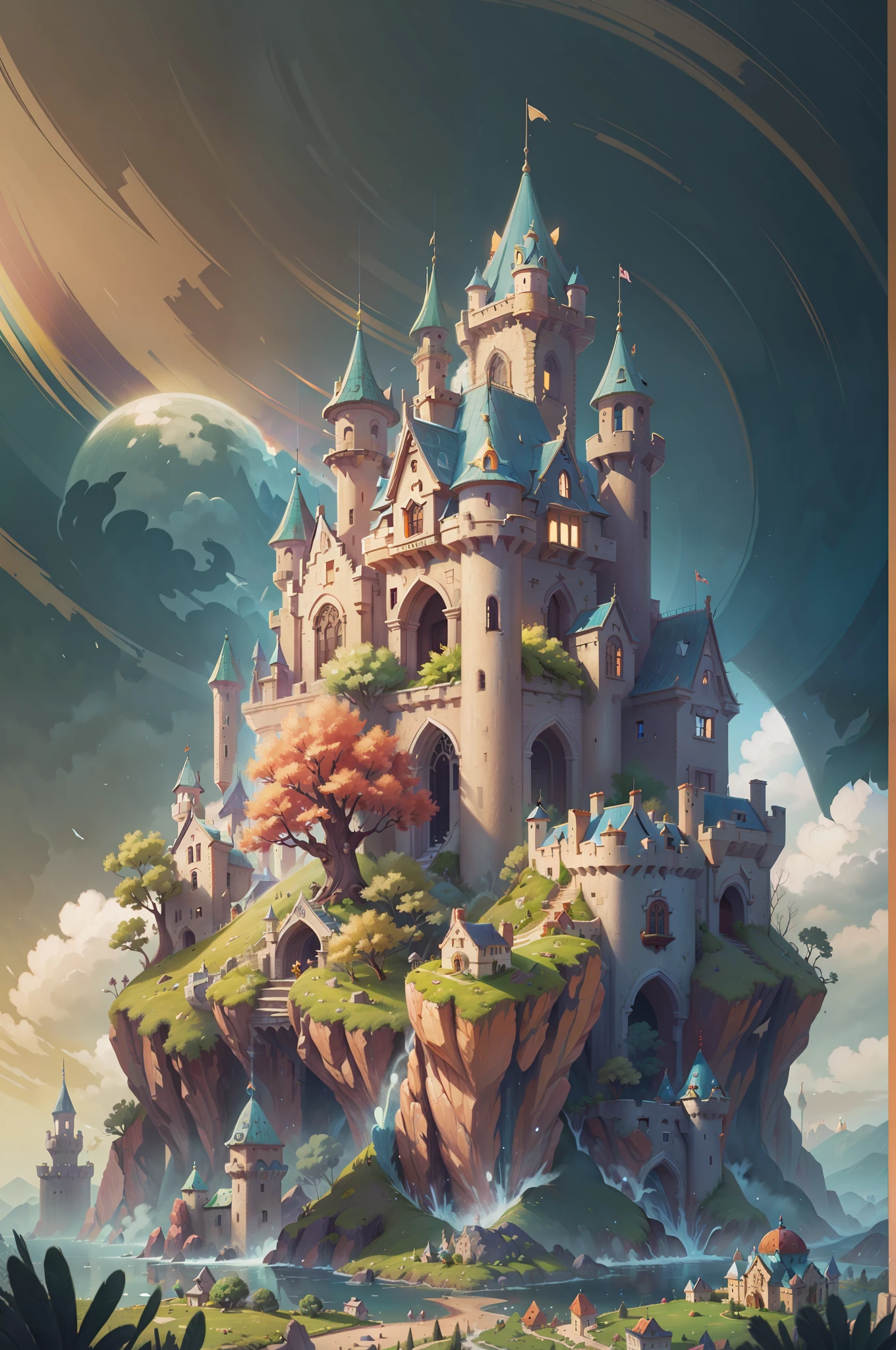 an enchanted castle made of gems on top of a hill, vivid color, rainbow in the sky, masterpiece, best quality, film grain, high resolution, realistic light, hd, highres, 16k, UHD, UHD background, ultra sharp backgrounds, detailed backgrounds, realistic backgrounds, realistic shadows, long shot