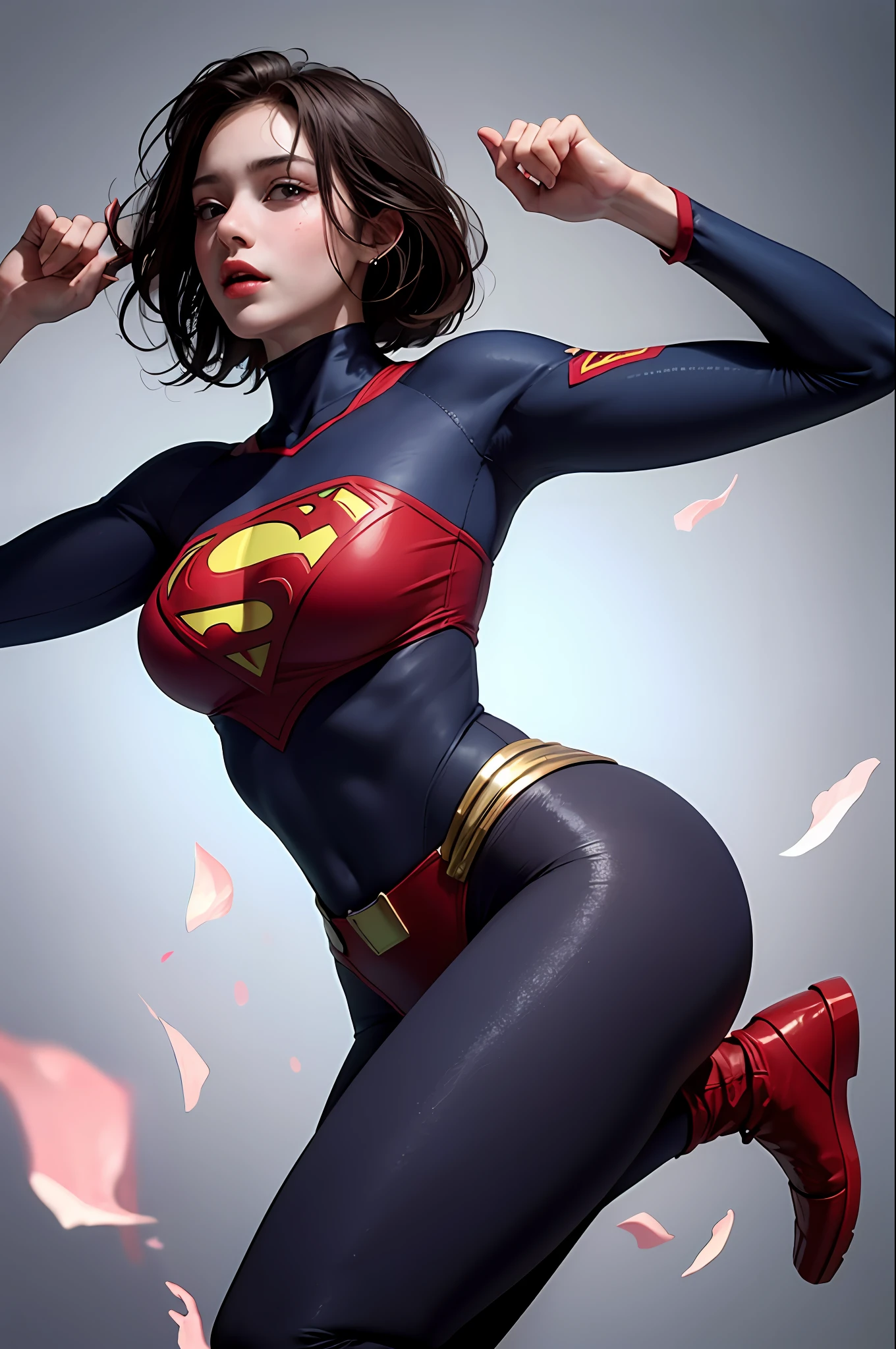 Realista, high-resolution, 1 , cabelo ondulado loiro, coreano, olhos azuis heterocromados, pequenas pintas sob os olhos, camisa branca folgada com letra S do superman no peito, yoga pants, seios grandes, pernas longas, abdominais apertados, dedos de camelo, sexually bit her lip