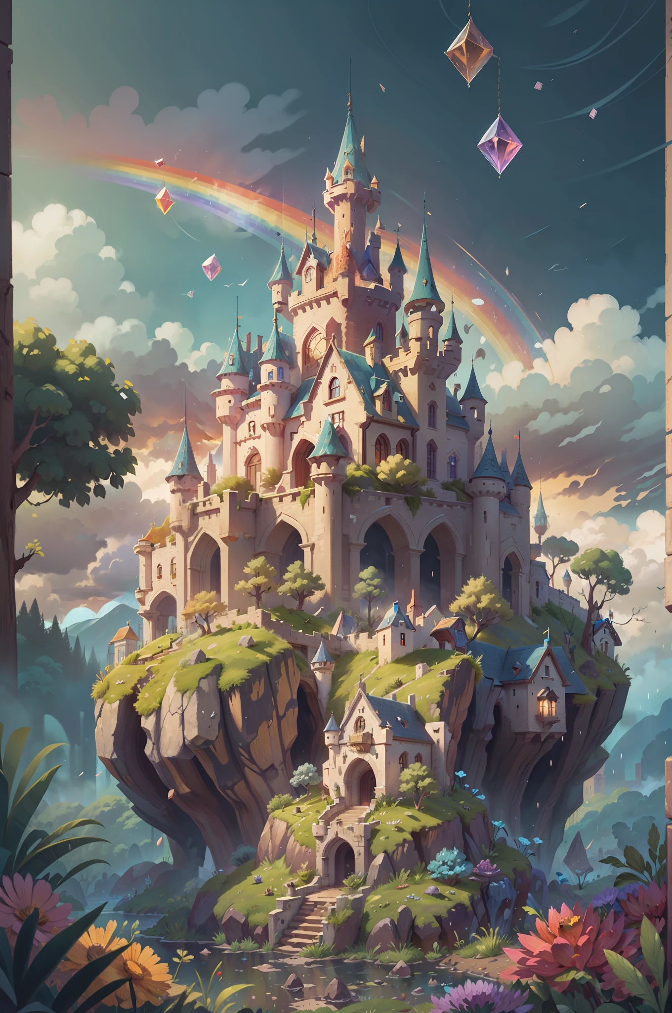 an enchanted castle made of gems on top of a hill, vivid color, rainbow in the sky, masterpiece, best quality, film grain, high resolution, realistic light, hd, highres, 16k, UHD, UHD background, ultra sharp backgrounds, detailed backgrounds, realistic backgrounds, realistic shadows, long shot