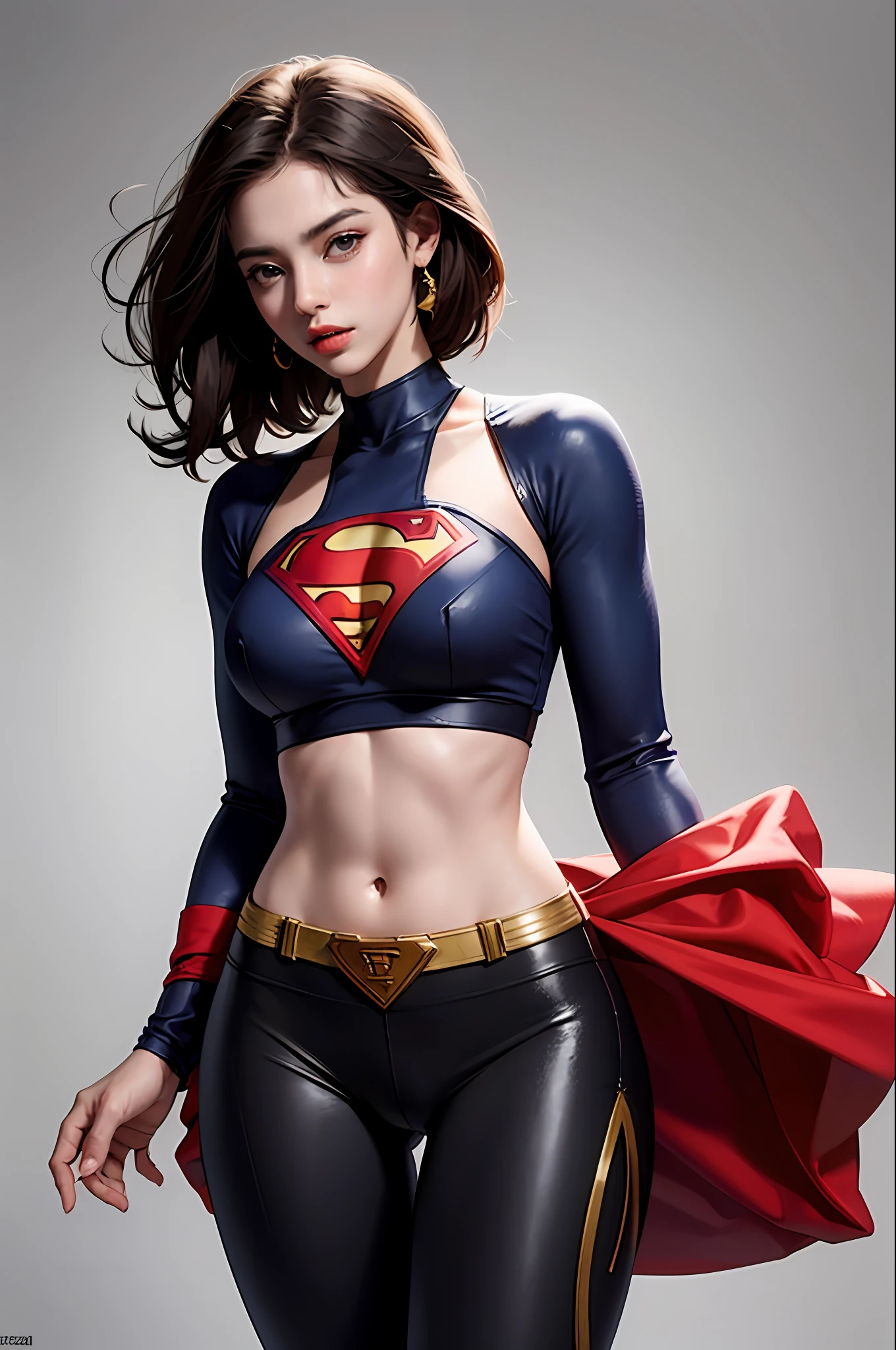 Realista, high-resolution, 1 menina, cabelo ondulado loiro, coreano, olhos azuis heterocromados, pequenas pintas sob os olhos, camisa branca folgada com letra S do superman no peito, yoga pants, seios grandes, pernas longas, abdominais apertados, dedos de camelo, sexually bit her lip