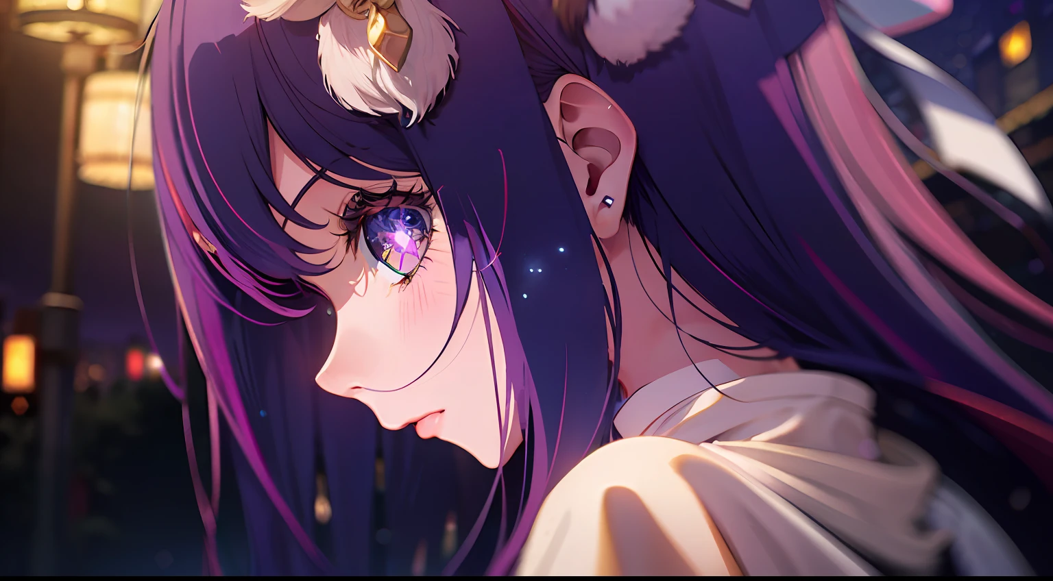 A girl in a white dress stands on the side of the road, purple hair, (hair purple red reflection), (eyes starlight), night, (rabbit hair ornament), fantasy, (masterpiece color), (best quality: 1.2), master work, (high precision: 1.1), 8k resolution, (rich detail), delicate, clear background, noise reduction, complex details, super detailed, very detailed, complex, small details, CG, picture impact, rococo style
