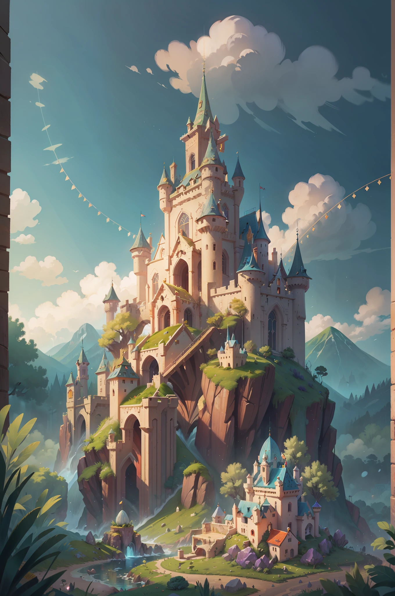 an enchanted castle made of gems on top of a hill, vivid color, rainbow in the sky, masterpiece, best quality, film grain, high resolution, realistic light, hd, highres, 16k, UHD, UHD background, ultra sharp backgrounds, detailed backgrounds, realistic backgrounds, realistic shadows, long shot