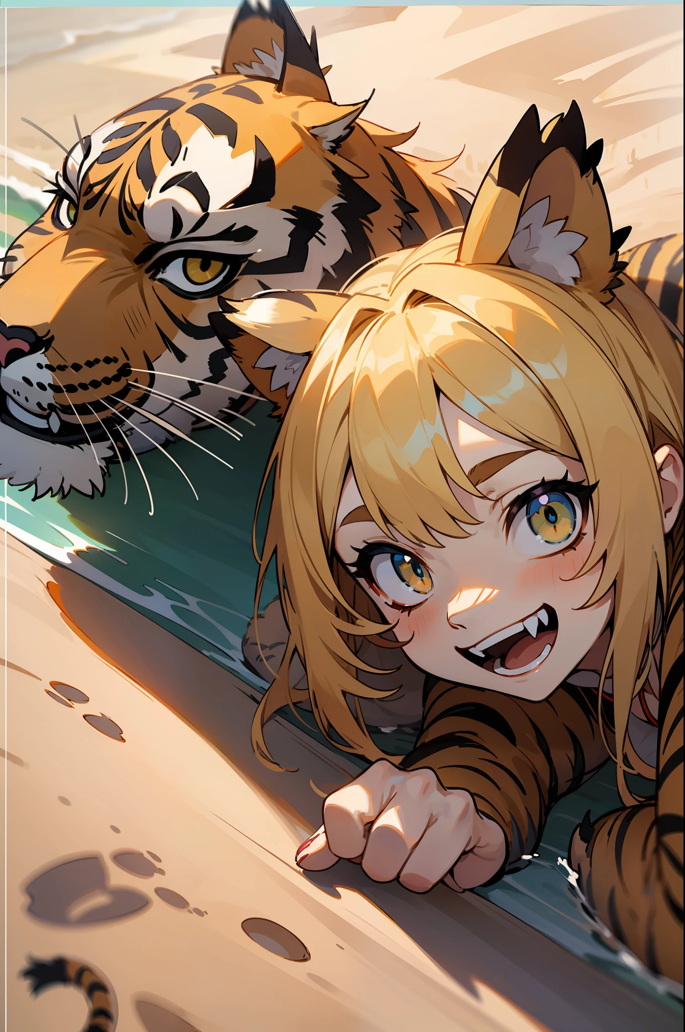 master-piece,hyper quality, hyper detailed,perfect drawing,1 Beautiful Girl、((Tiger print bikini))、Tiger ears、Tiger tail、Tiger palm、Tiger's paws、Tiger fingers、sharp claws、Sharp fangs、Black and blonde mesh、Sharp eyes、Height 177cm、MeasurementsB95W60H90、Happy smile、Frolicking、shores、sand beach、playing in the water、sunlight、beach、cute smile face、beatiful backgrounds、Accurate drawing、Detailed drawing