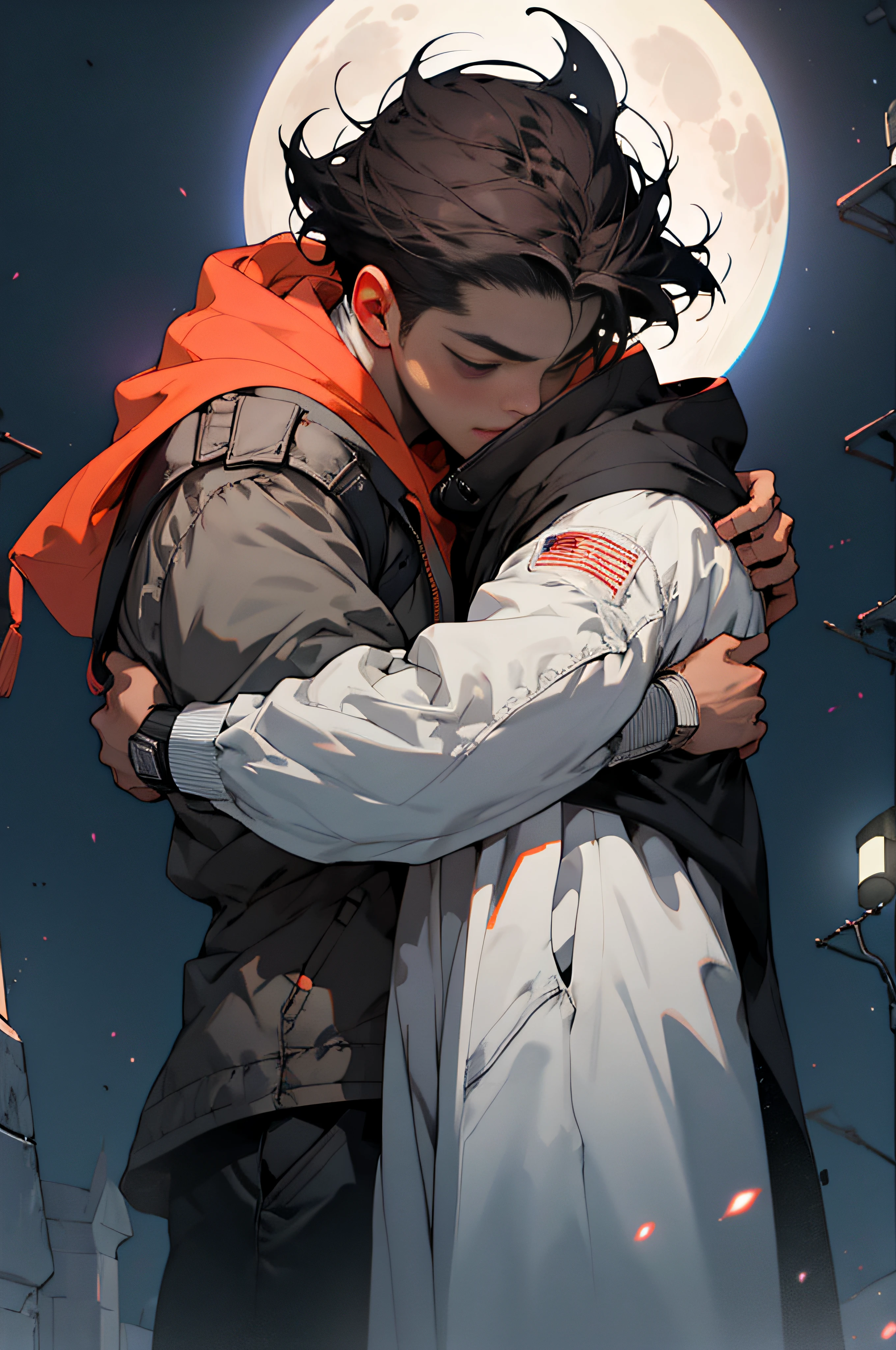 best qualityer,k hd,best qualtiy,2boy,with a round face,simplebackground,kisses,Hugged,Huge moon in the background
