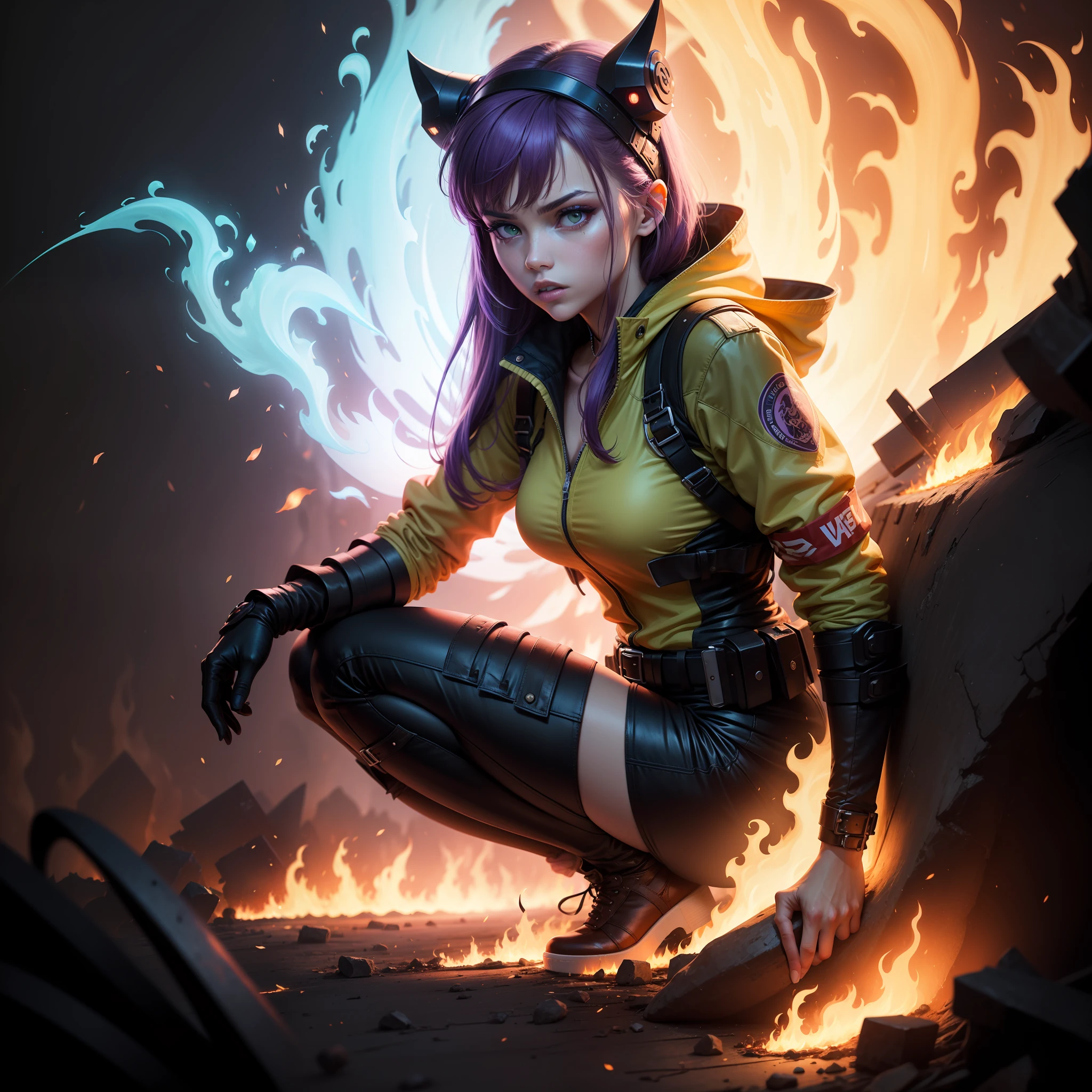 Surrounded by flames and purple fluorescent hunters