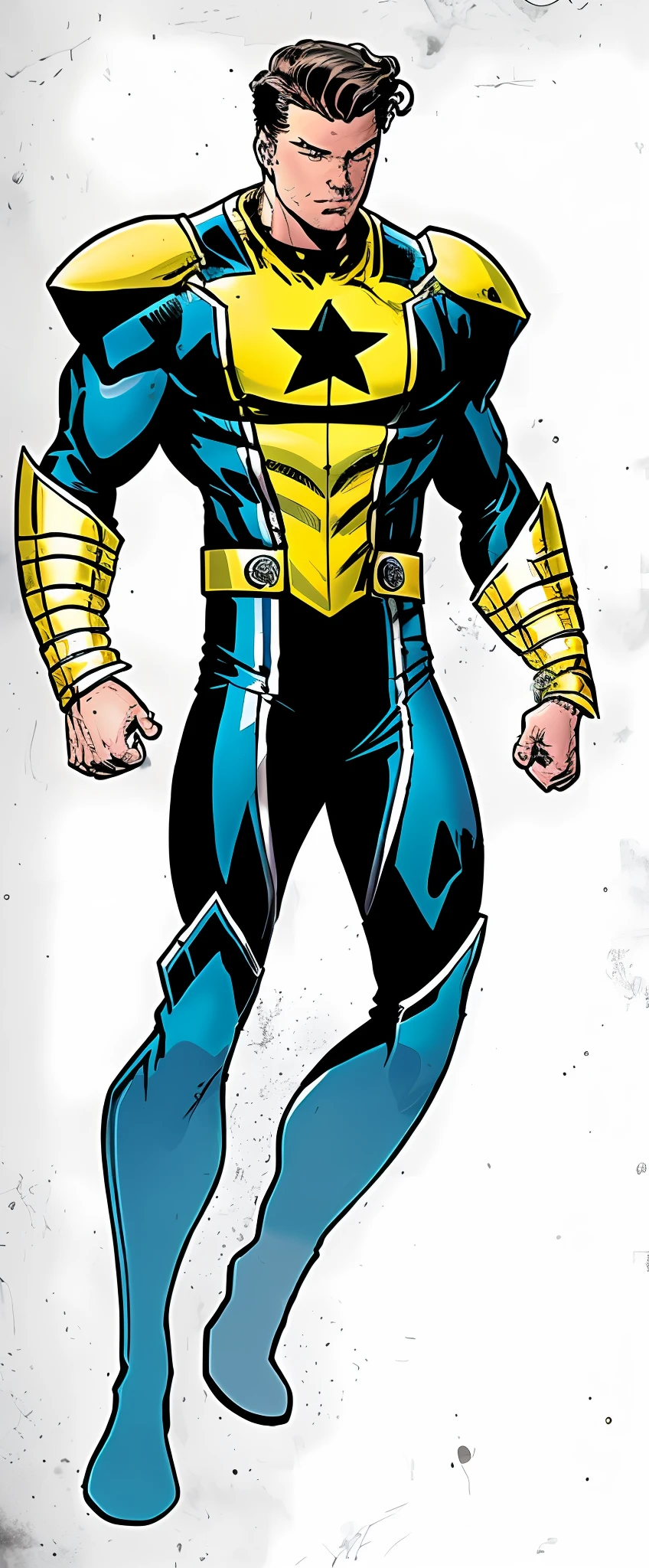 Mark Grayson, Peter Parker, Invincible, supersuit, hero, yellow suit, good face, good eyes, yellow and blue, handsome young man, eyes open, black star on chest, Invincible, close up of a man in a yellow and blue armor, yellow x-man suit, x-man armor, full portrait of invincible, blue and yellow, x man armor, 90s comic book character design, comic book character, john romita junior, phil jimenez, inspired by John Romita, photo of Timothy Chalamet, shot on dslr camera, clean cut, flowing hair, well drawn eyes, clean art, 2000's comics, modern concept art, black star logo on chest (super symbol, black star, clean art), clean art