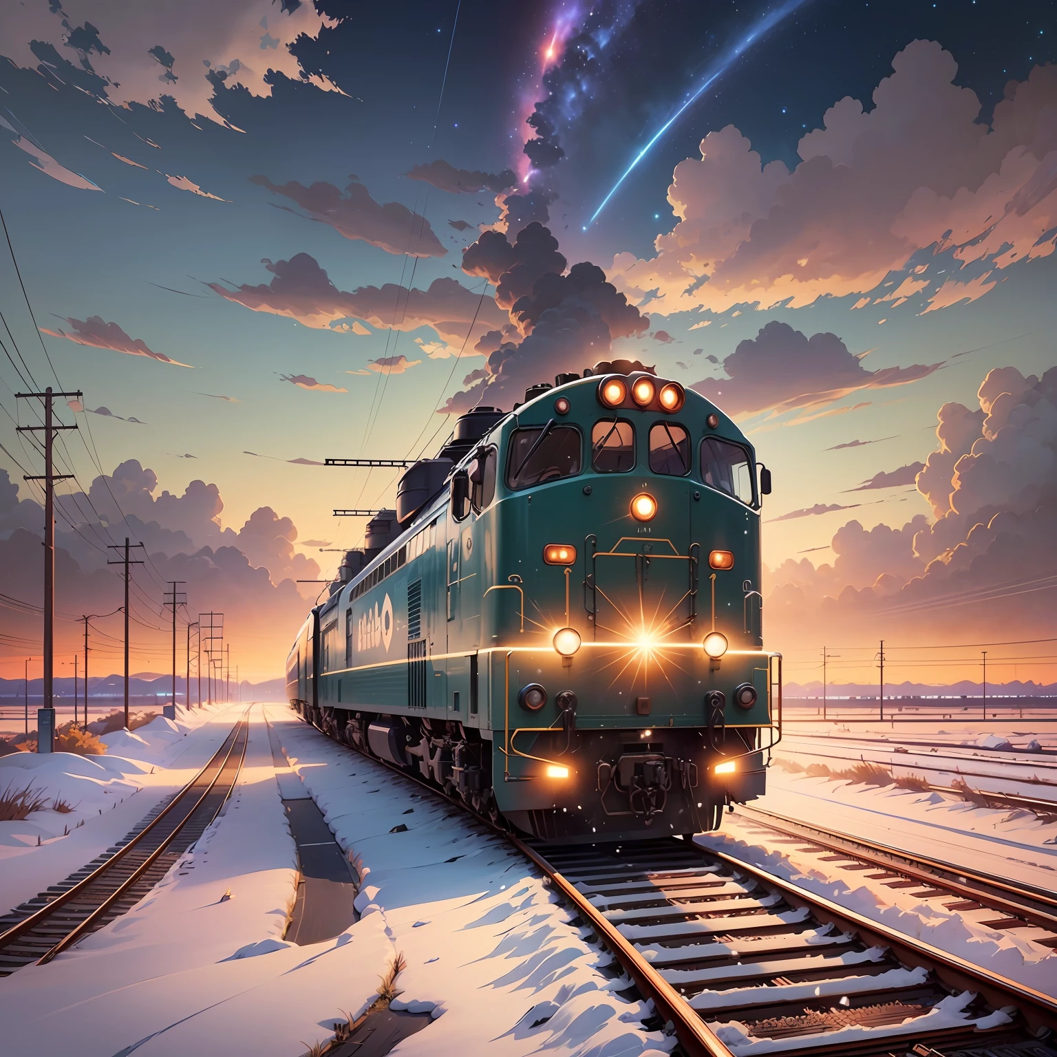 There is a train running along the tracks in the snow, Makoto Shinkai's concept art, tumblr, magic realism, beautiful anime scenes, cosmic sky. by makoto shinkai, ( ( makoto shinkai ) ), anime background art, anime backgrounds, Makoto Shinkai's style, anime movie backgrounds, galaxy express, no humans. --auto