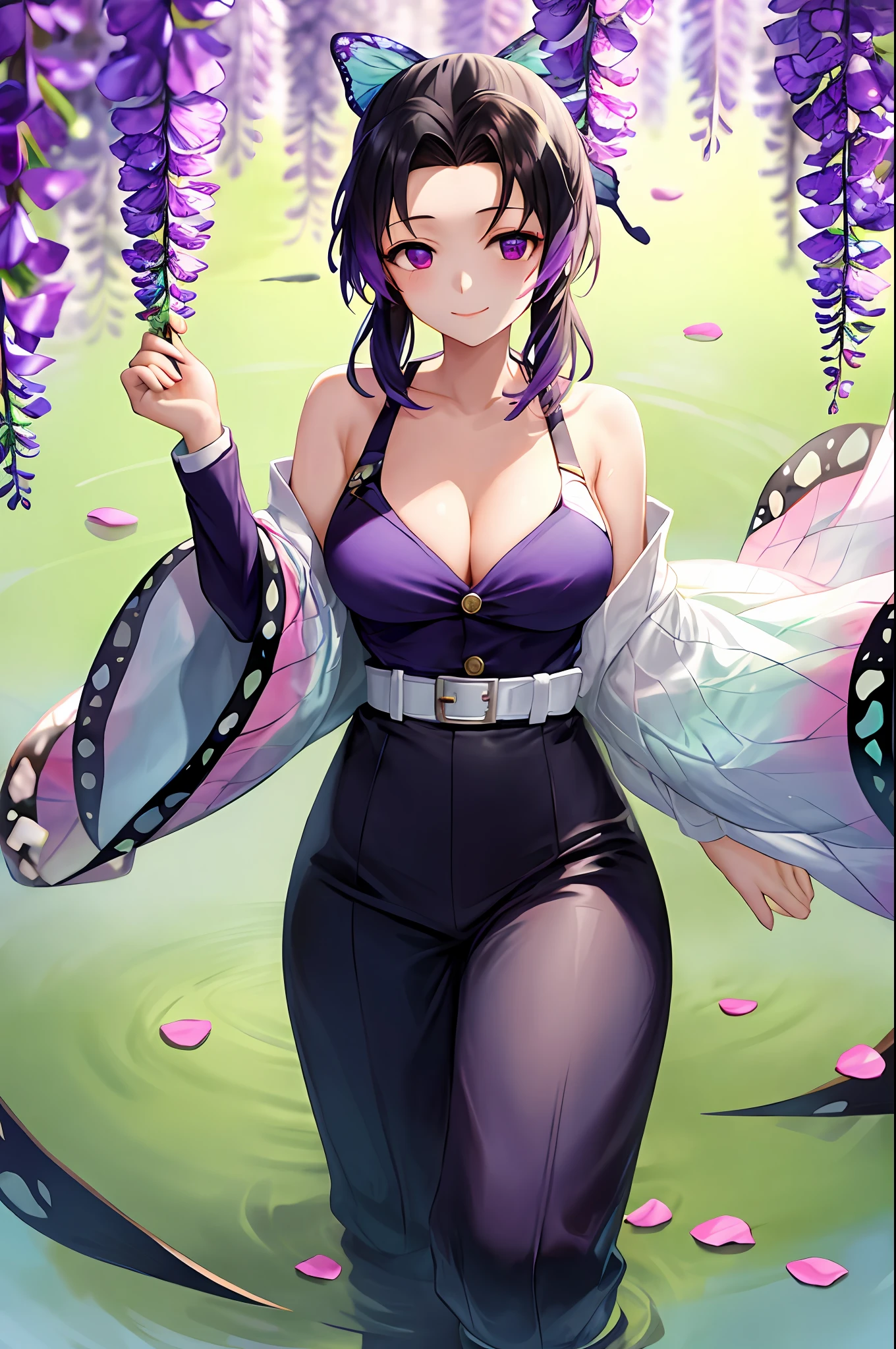 tmasterpiece,Need,ultra - detailed,1girl,solo,kochou Shinobu,colorfulhair,No bangs,Hair ingestion,a purple eye,forehead,wisteria,Black shirt,Black pants,cover,butterflys,Standing waist-high in crystal clear tranquil pond water,calm expression,Surrounded by lush green leaves and wildflowers,falling flower petals,falling leaf,ample bosom,Cowboy photos,button,obi strip,Light smile,
