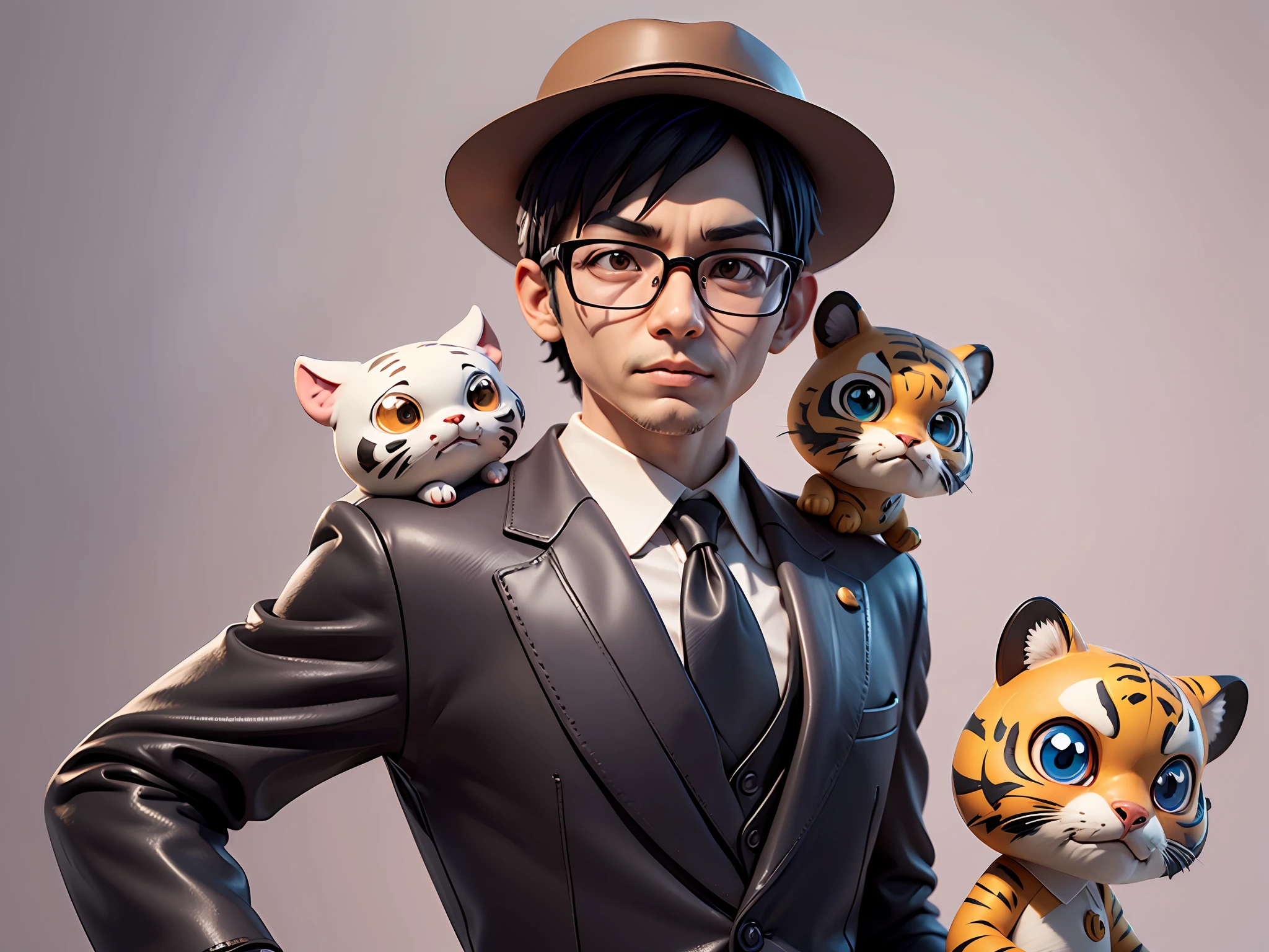 Young man with oriental face in leather hat, tiger, oriental face in formal suit, short black hair, silver glasses, digital painting, 3D character design by Mark Clairedon and Pixar and Hayao Miyazaki and Akira Toriyama, the illustration is a high-definition illustration in 4K resolution with very detailed facial features and cartoon-style visuals.