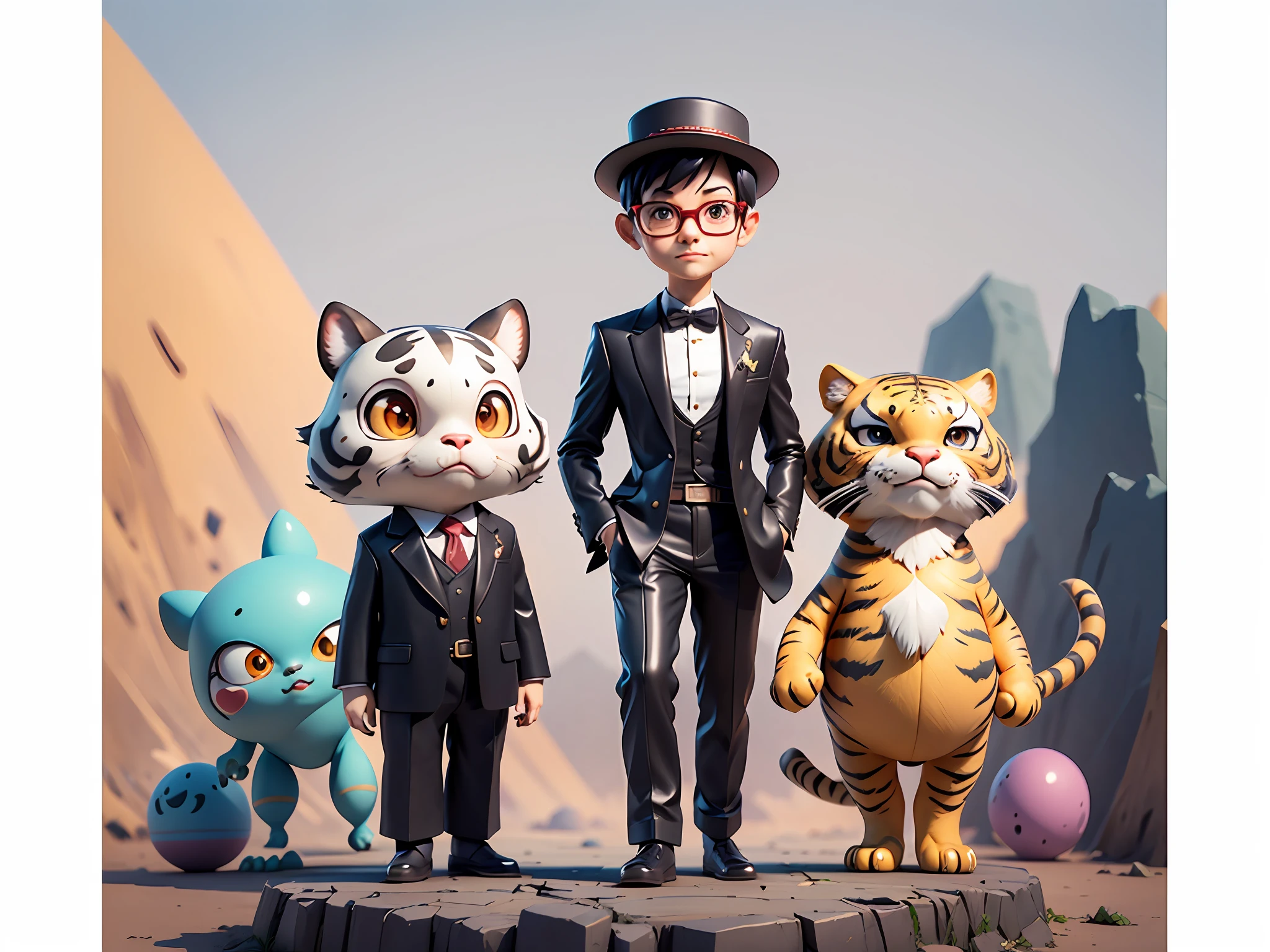 Young man with oriental face in leather hat, tiger, oriental face in formal suit, short black hair, silver glasses, digital painting, 3D character design by Mark Clairedon and Pixar and Hayao Miyazaki and Akira Toriyama, the illustration is a high-definition illustration in 4K resolution with very detailed facial features and cartoon-style visuals.