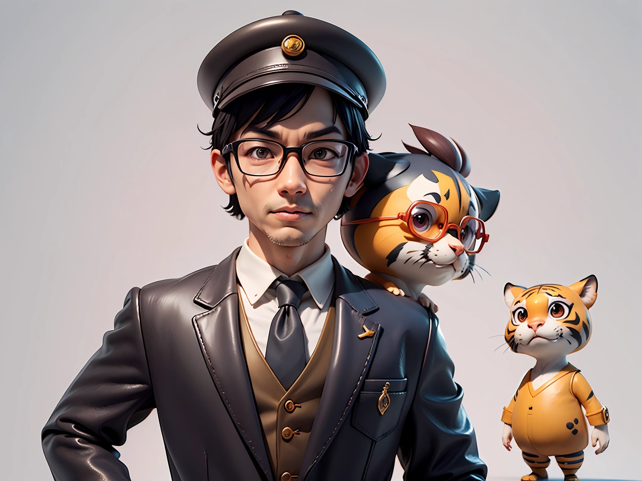 Young man with oriental face in leather hat, tiger, oriental face in formal suit, short black hair, silver glasses, digital painting, 3D character design by Mark Clairedon and Pixar and Hayao Miyazaki and Akira Toriyama, the illustration is a high-definition illustration in 4K resolution with very detailed facial features and cartoon-style visuals.