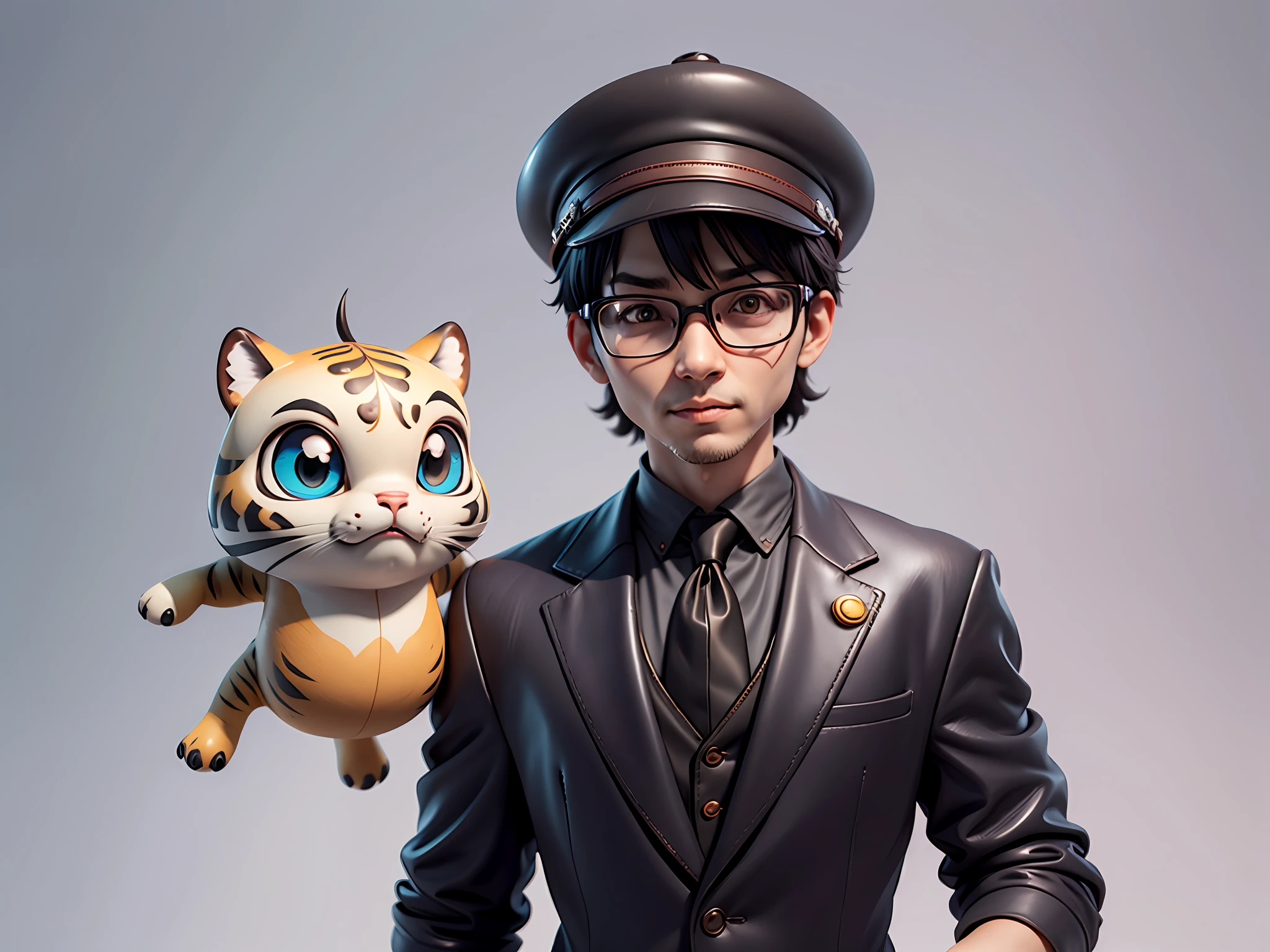Young man with oriental face in leather hat, tiger, oriental face in formal suit, short black hair, silver glasses, digital painting, 3D character design by Mark Clairedon and Pixar and Hayao Miyazaki and Akira Toriyama, the illustration is a high-definition illustration in 4K resolution with very detailed facial features and cartoon-style visuals.