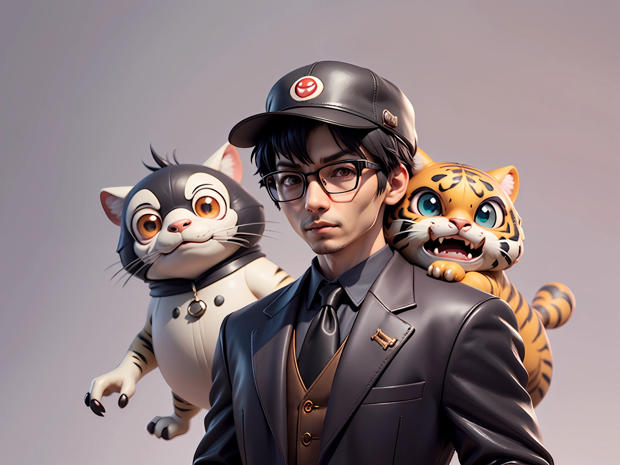 Young man with oriental face in leather hat, tiger, oriental face in formal suit, short black hair, silver glasses, digital painting, 3D character design by Mark Clairedon and Pixar and Hayao Miyazaki and Akira Toriyama, the illustration is a high-definition illustration in 4K resolution with very detailed facial features and cartoon-style visuals.