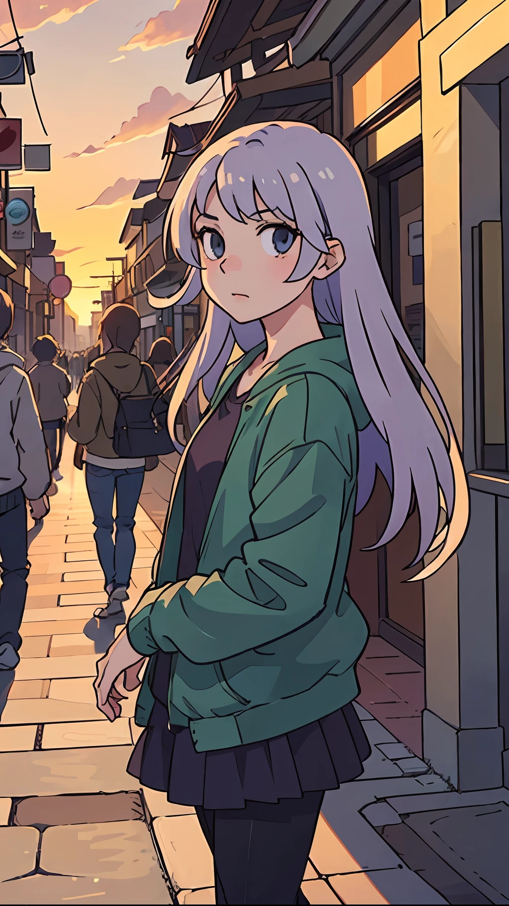 (masterpiece:1.2), best quality anime-style portrait photo taken at sunset on a beautiful and bustling public street full of attractive pedestrians.