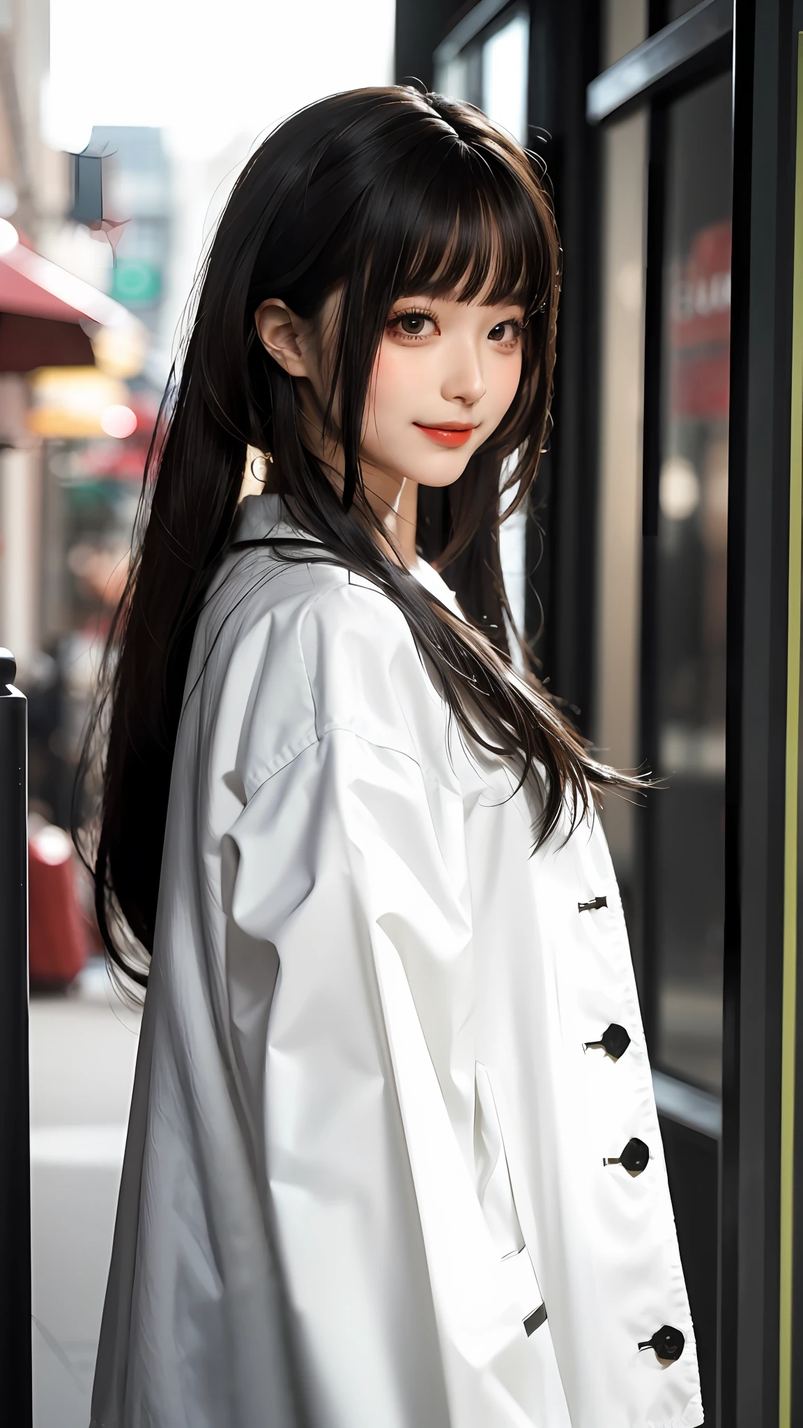 CHUNMOMO, 1girl, solo, realistic, smile, looking at viewer, blurry, black eyes, black hair, bangs, long hair, day, blunt bangs,