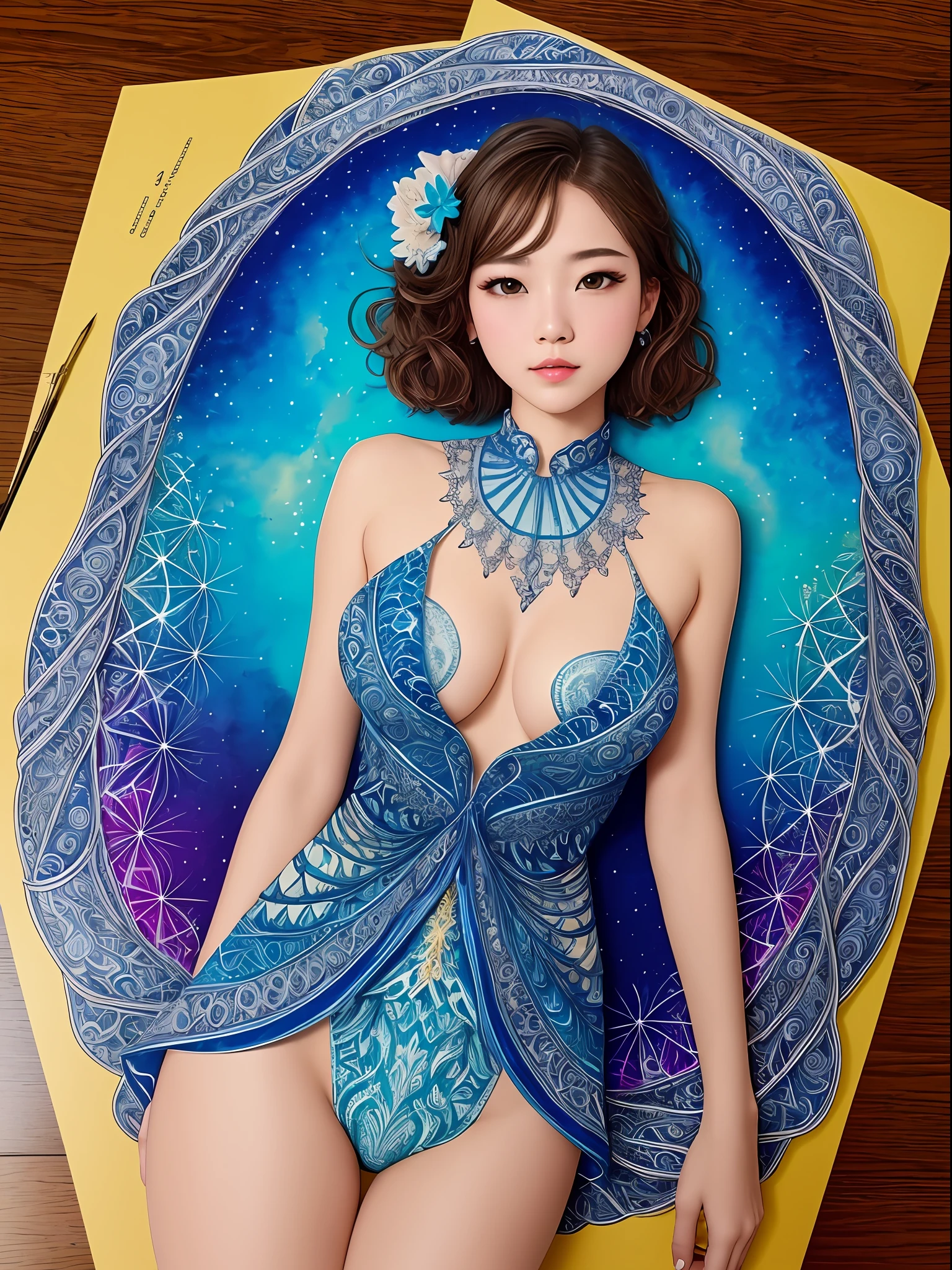 (masterpiece、top-quality、top-quality、Official art、Beautifully Aesthetic:1.2)、(1girl in:1.3)、ighly detailed、(Fractal Art:1.2)、colourfull、highestdetailed、(Zentangle:1.2)、(Dynamic Pause) 、(Abstract background:1.5)、(Traditional dress:1.2)、(shinny skin)、(Many colors:1.4)、full bodyesbian 、shorth hair