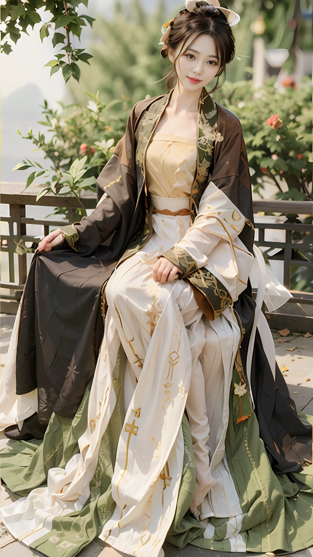 a girl,yuzu,hanfu,light yellow with green with white short shan,yuechan,Panorama,balcony,Distant mountain,Pure,Maiden,Long black hair,Smile,Heavy makeup,Black eyes,Black high heels,