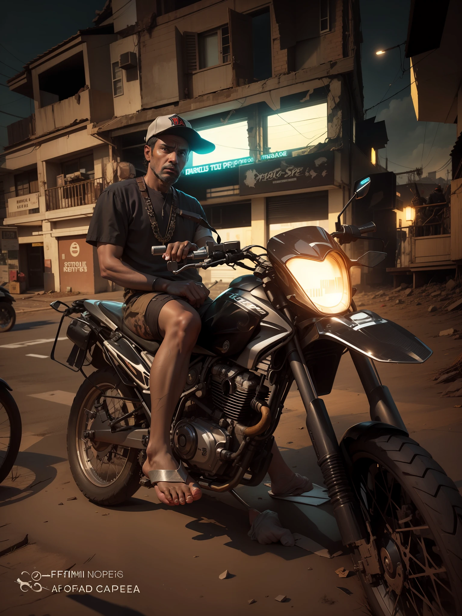 apocalipse, fim do mundo, farol de moto com luz branca, noite, Apocalyptic theme, realistic foot, perfect human foot