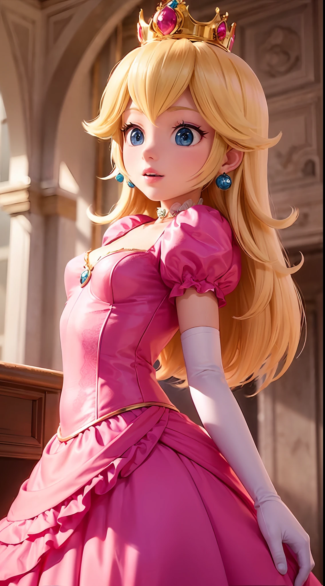 (Inside a castle setting,) A petite Princess Peach wearing a beautiful hot pink dress, she's 6 feet tall and wears a golden crown atop her blond hair and white gloves. With a focus on her alluring chest, she is depicted in a close-up shot from below.