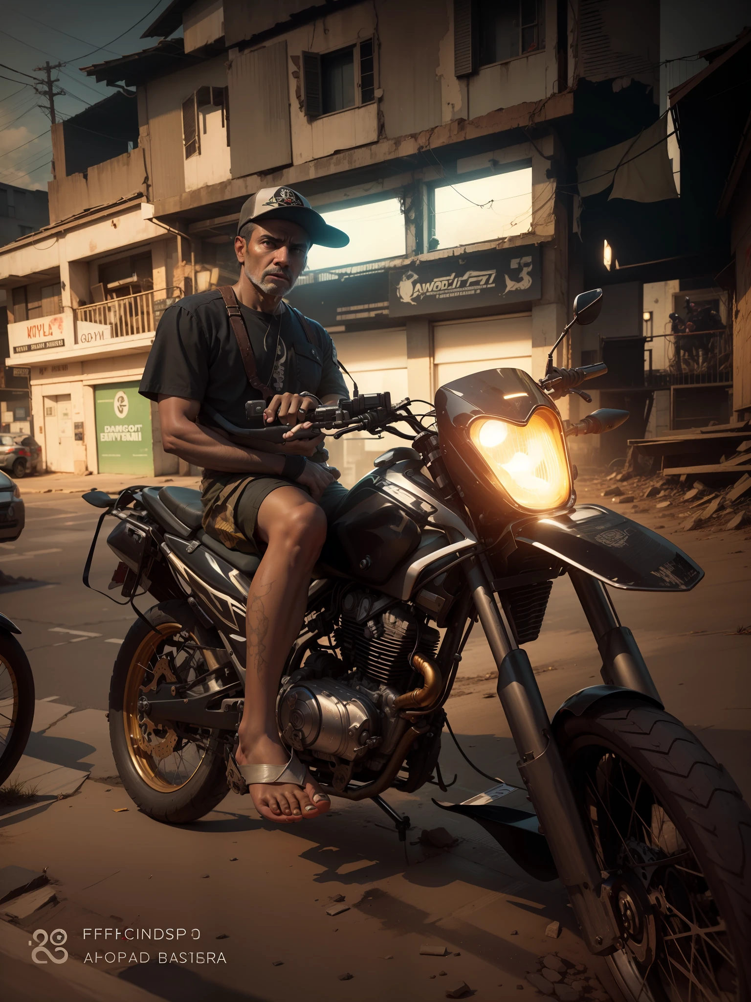 apocalipse, fim do mundo, farol de moto com luz branca, noite, Apocalyptic theme, realistic foot, perfect human foot