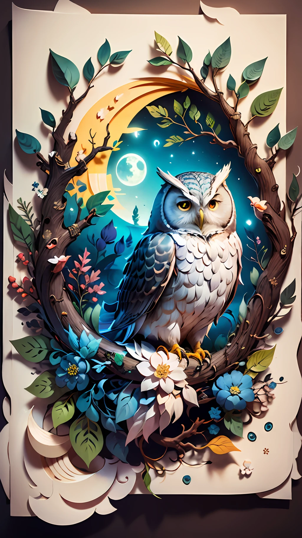 (((masterpiece))),bestquality,illustration,beautifuldetailedglow,
paper_cut,   owl, tree,moon,